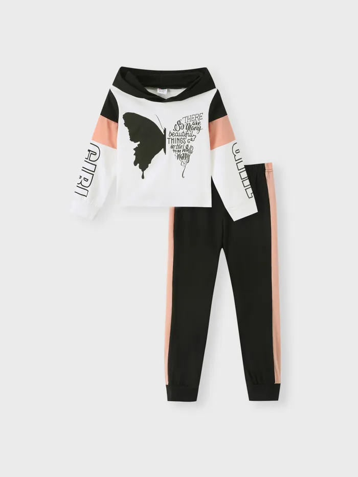 2-piece Kid Girl Butterfly Print Letter Hooded Sweatshirt and Pants Set