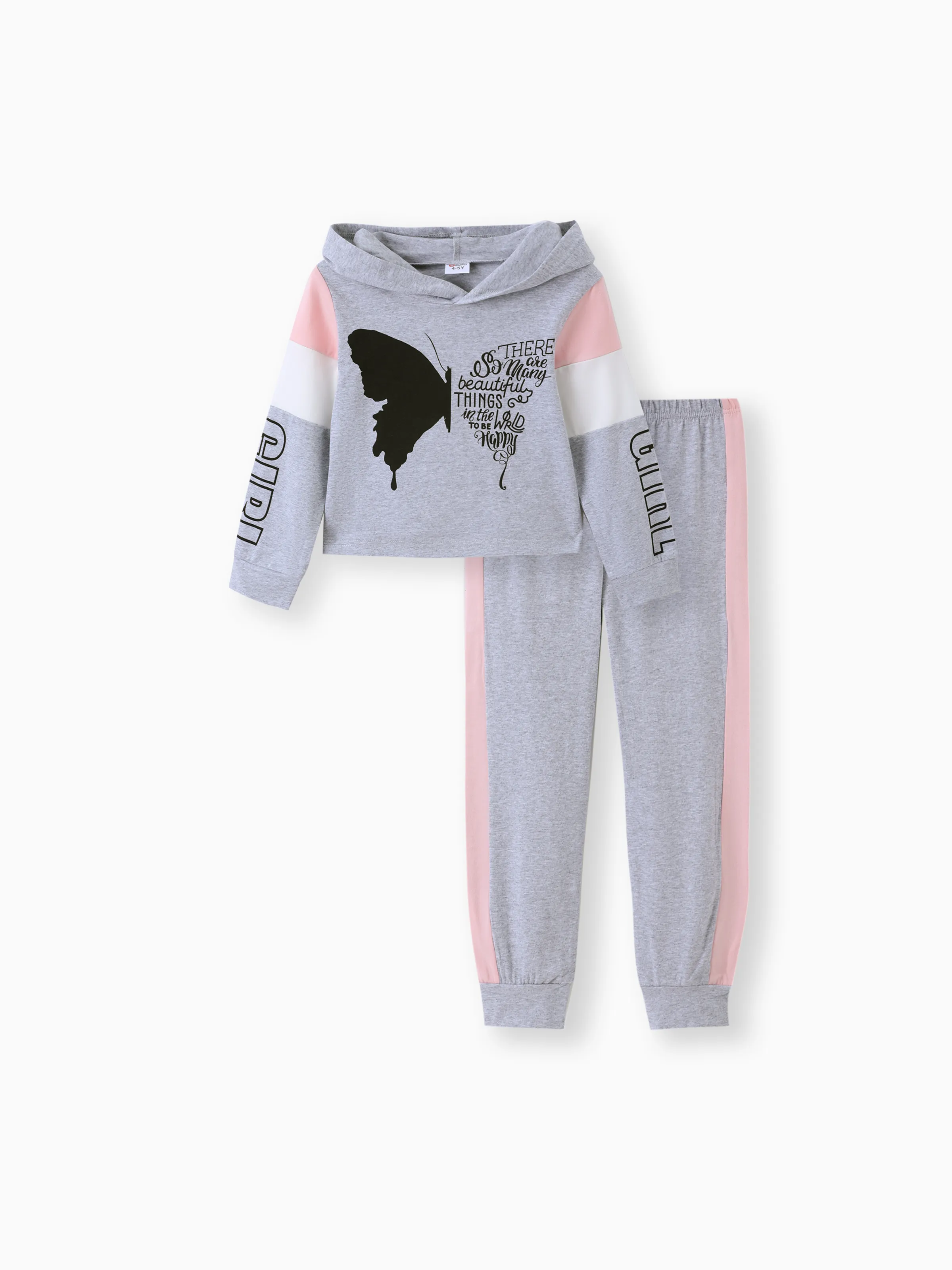 

2-piece Kid Girl Butterfly Print Letter Hooded Sweatshirt and Pants Set