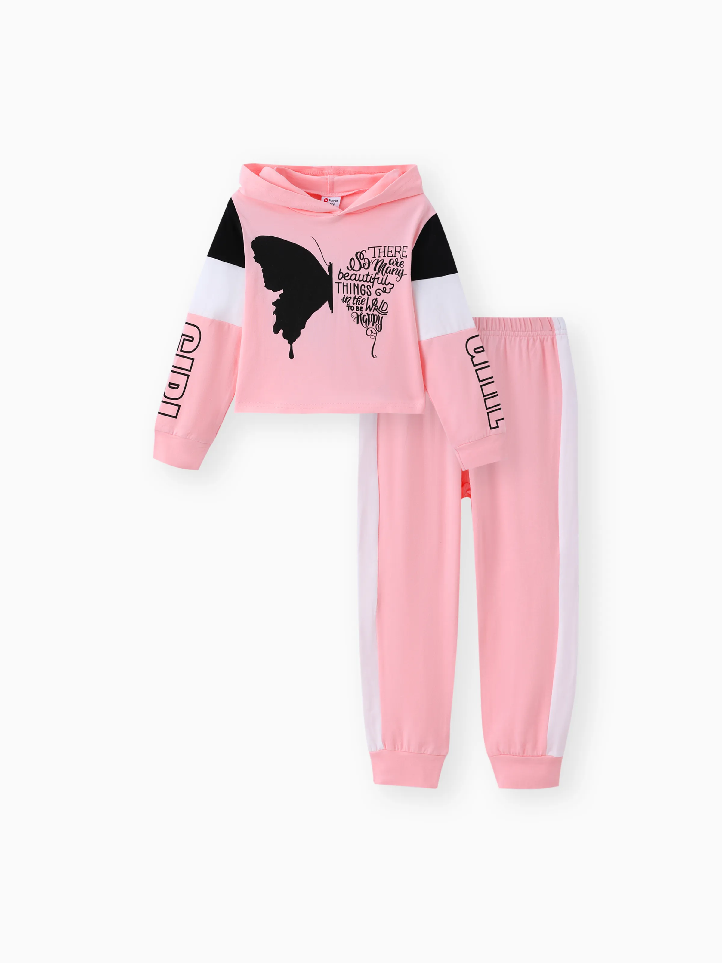 2-piece Kid Girl Butterfly Print Letter Hooded Sweatshirt and Pants Set Pink