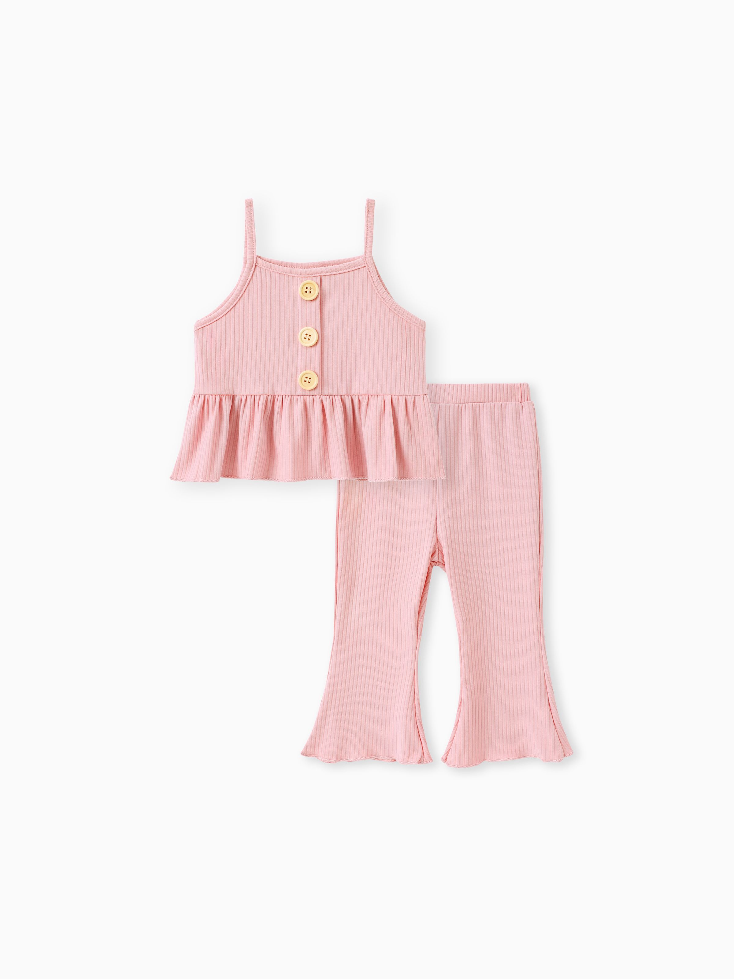 

2pcs Baby Girl Solid Spaghetti Strap Peplum Top and Flared Pants Set
