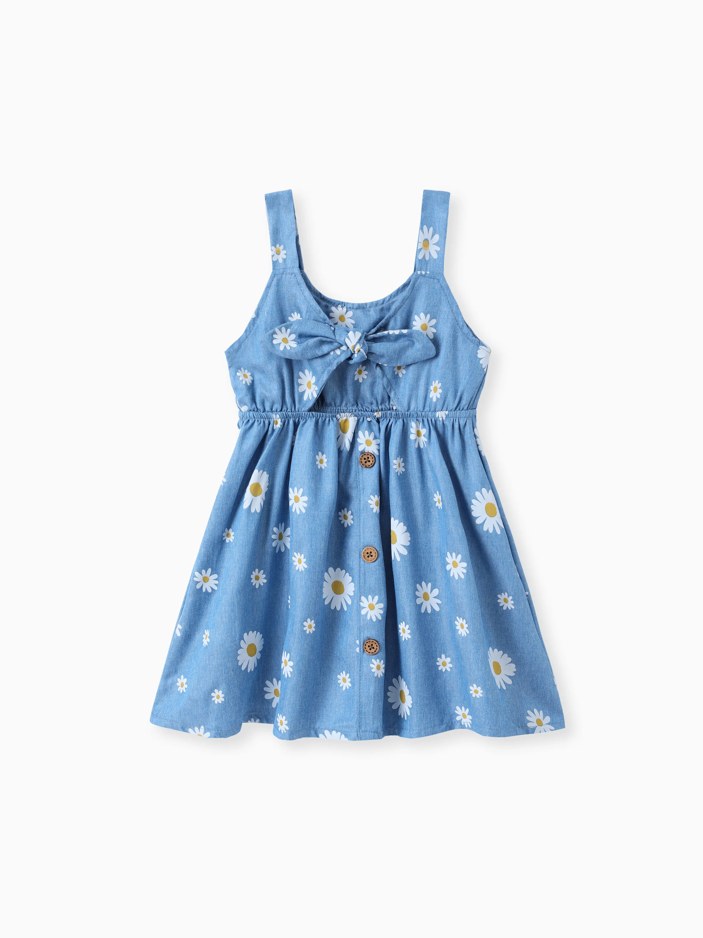 Toddler Girl Floral Print Bowknot Design Hollow out Denim Strap Dress