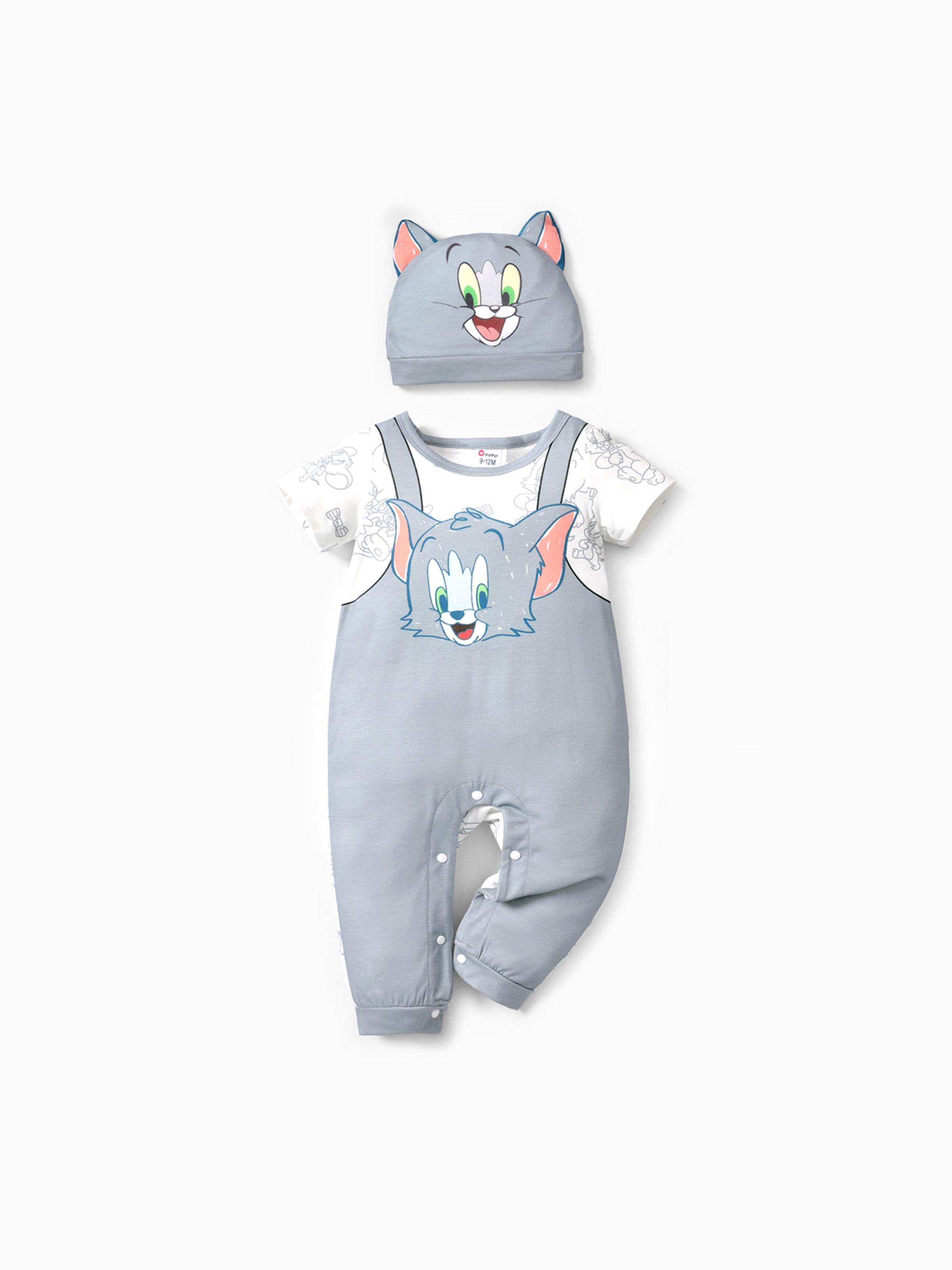 

Tom and Jerry 2pcs Baby Boy Short-sleeve Graphic Jumpsuit and 3D Ear Hat Set