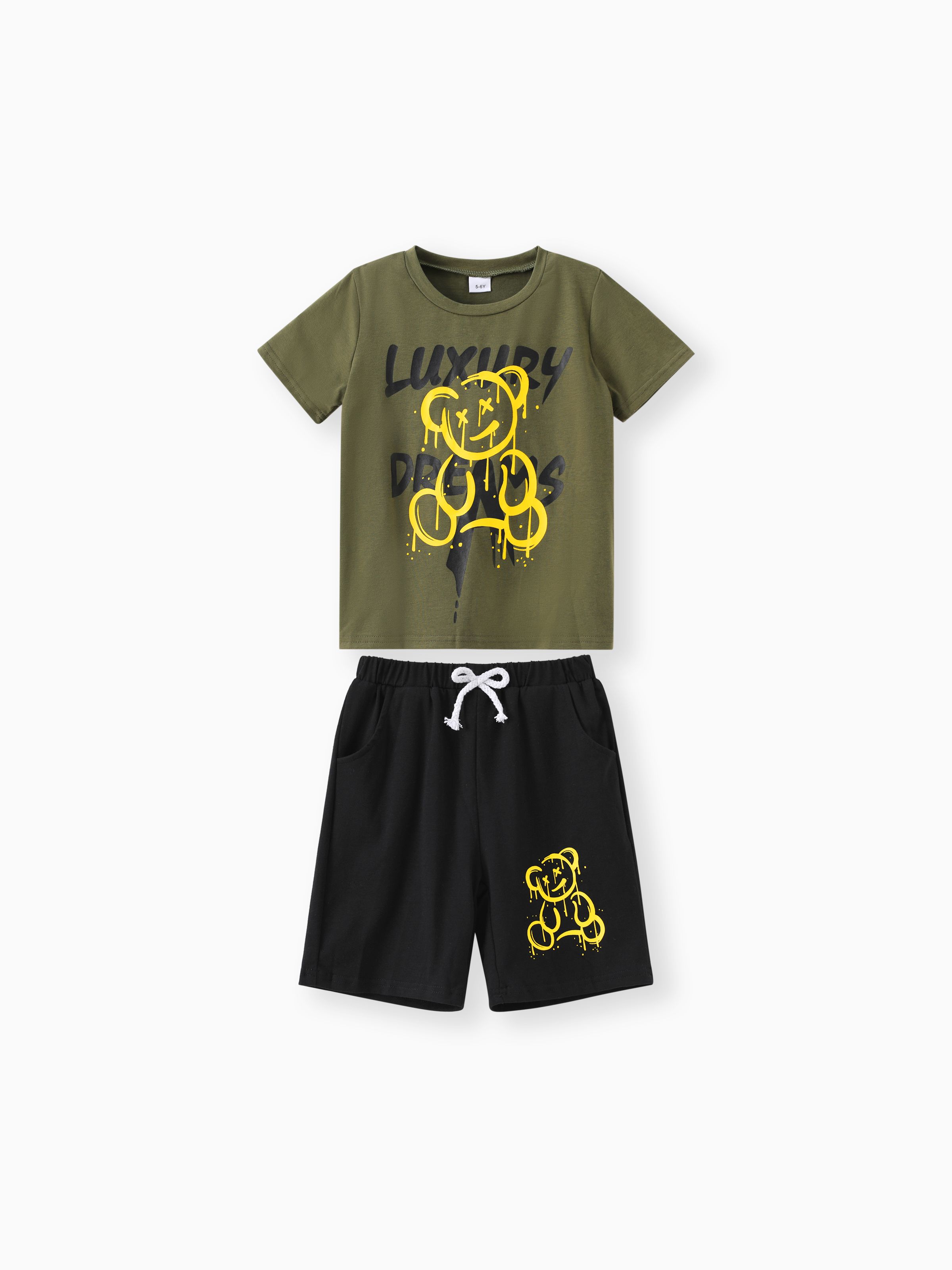 

Bear Print Shorts Set for Girls, Polyester Spandex, 2pcs, Avant-garde Style, Animal Pattern