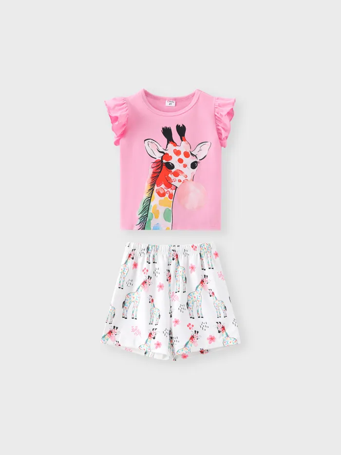 Giraffe Flutter Sleeve Toddler Girl 2pcs Set, Mélange Polyester/Coton, Régulier, Lavable en Machine