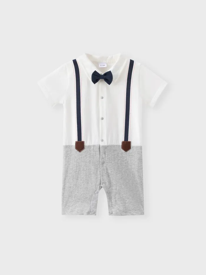 100% Cotton Faux-two Design Bow Tie Decor Short-sleeve Baby Romper