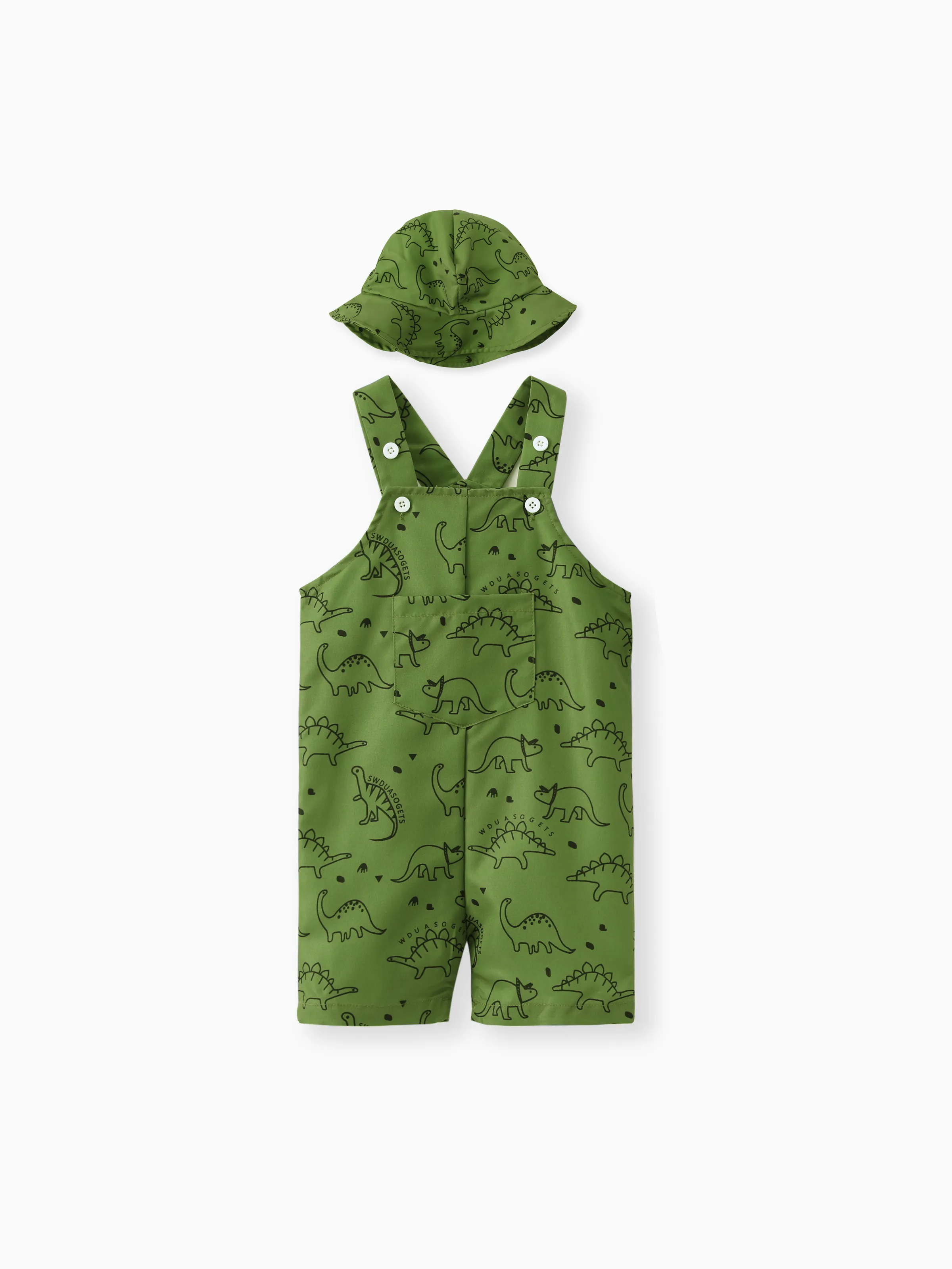 

2pcs Baby Boy Allover Dinosaur Print Overalls & Hat Set