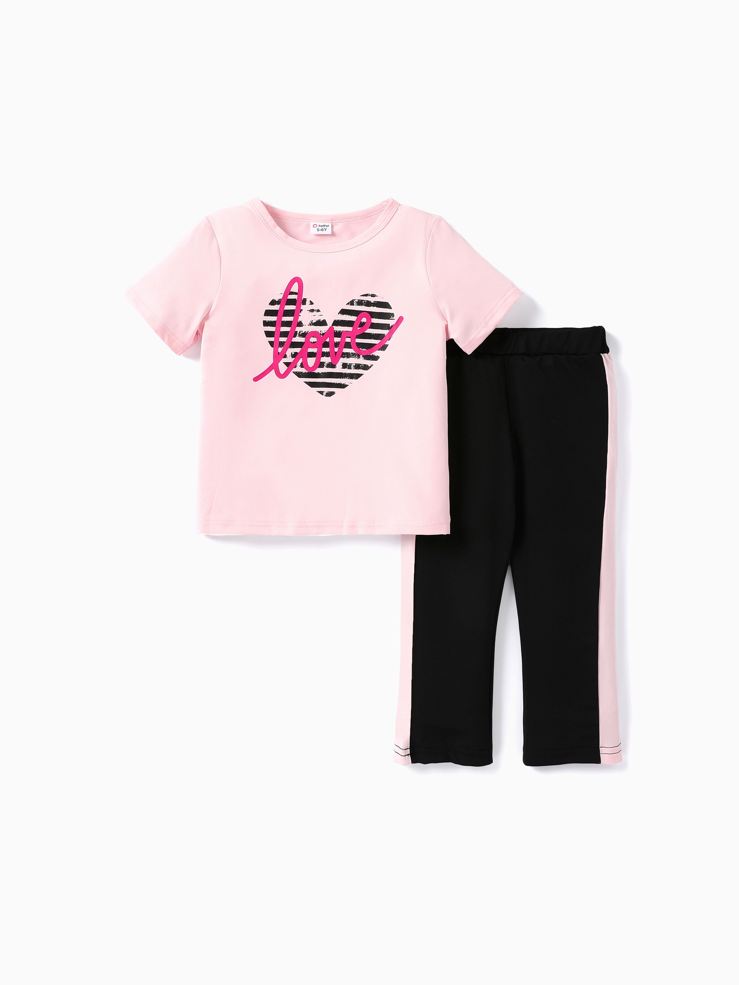 

2-piece Kid Girl Letter Heart Print Pink Tee and Colorblock Capri Pants Set