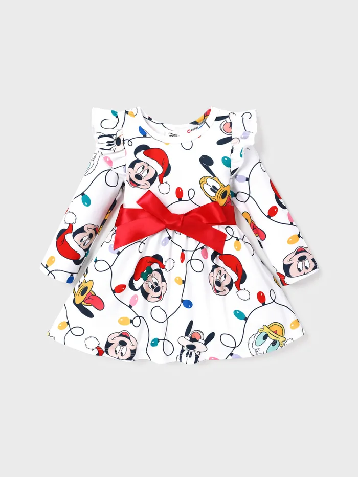 Disney Mickey and Friends Toddler Girl Christmas Full Print Bow Tie Long-sleeve Dress 