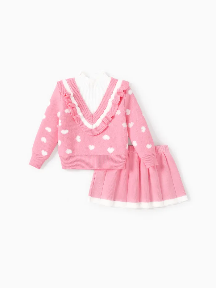  2PCS Toddler Girl Sweet Heart-shaped Faux Layered Long Sleeve Dress Set