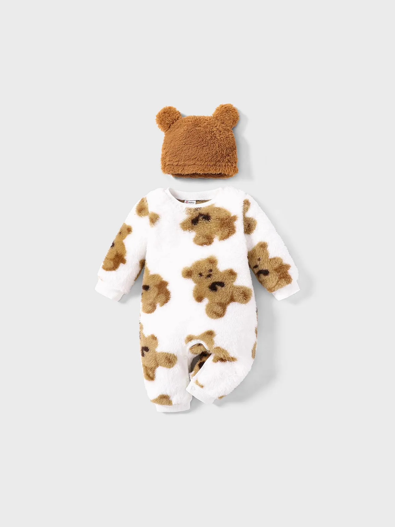 Baby Girl/Boy 2pcs  Bear Style Printed Fleece Jumpsuit with Hat