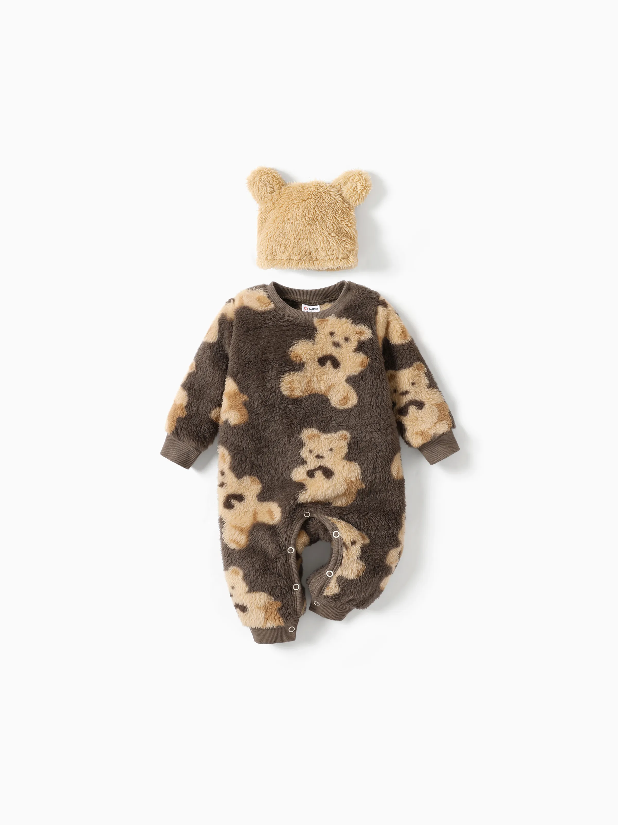 

Baby Girl/Boy 2pcs Bear Style Printed Fleece Jumpsuit with Hat