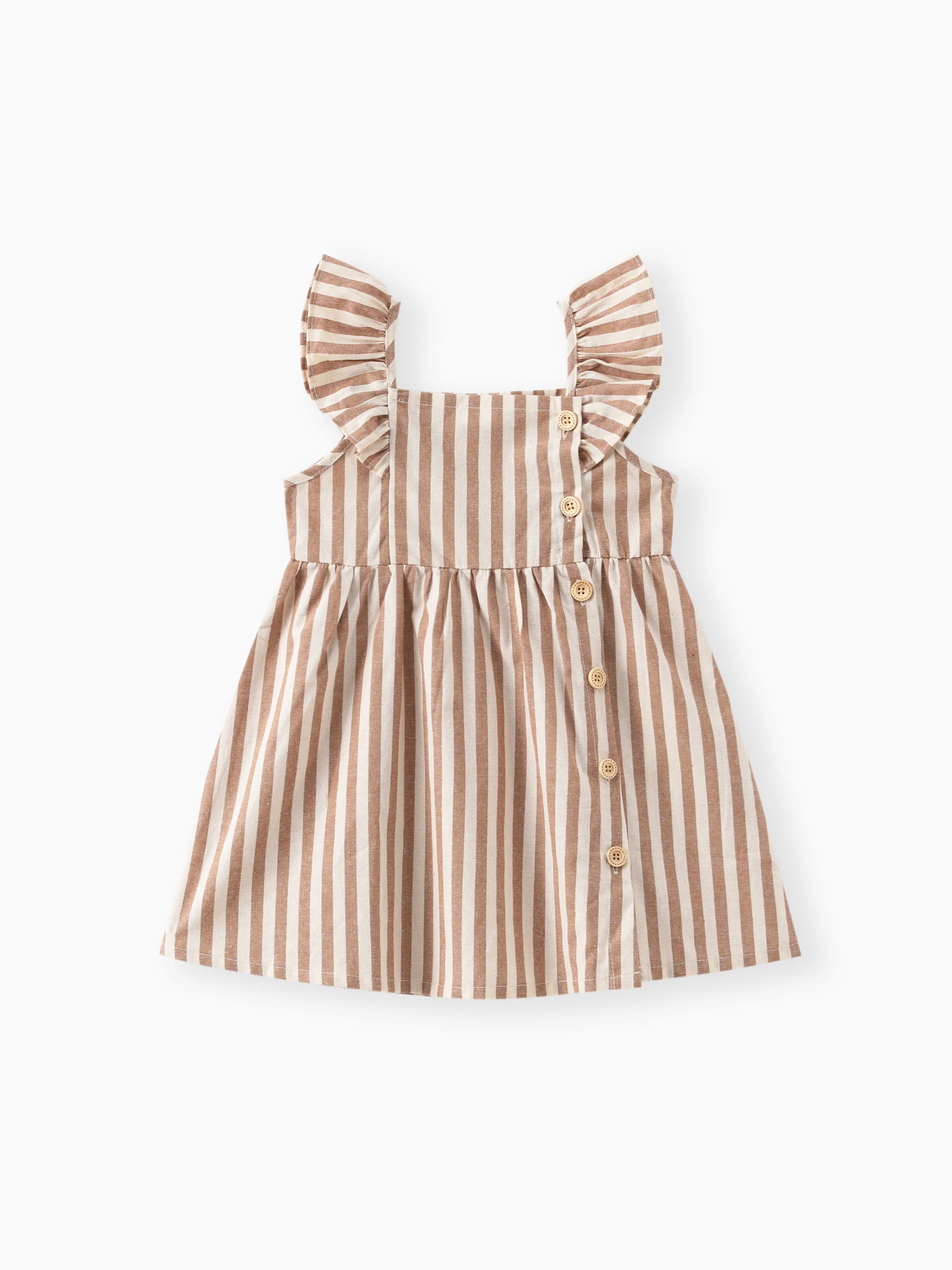 Toddler Girl Button Design Solid Color/Floral Print/Stripe Ruffled Strap Dress