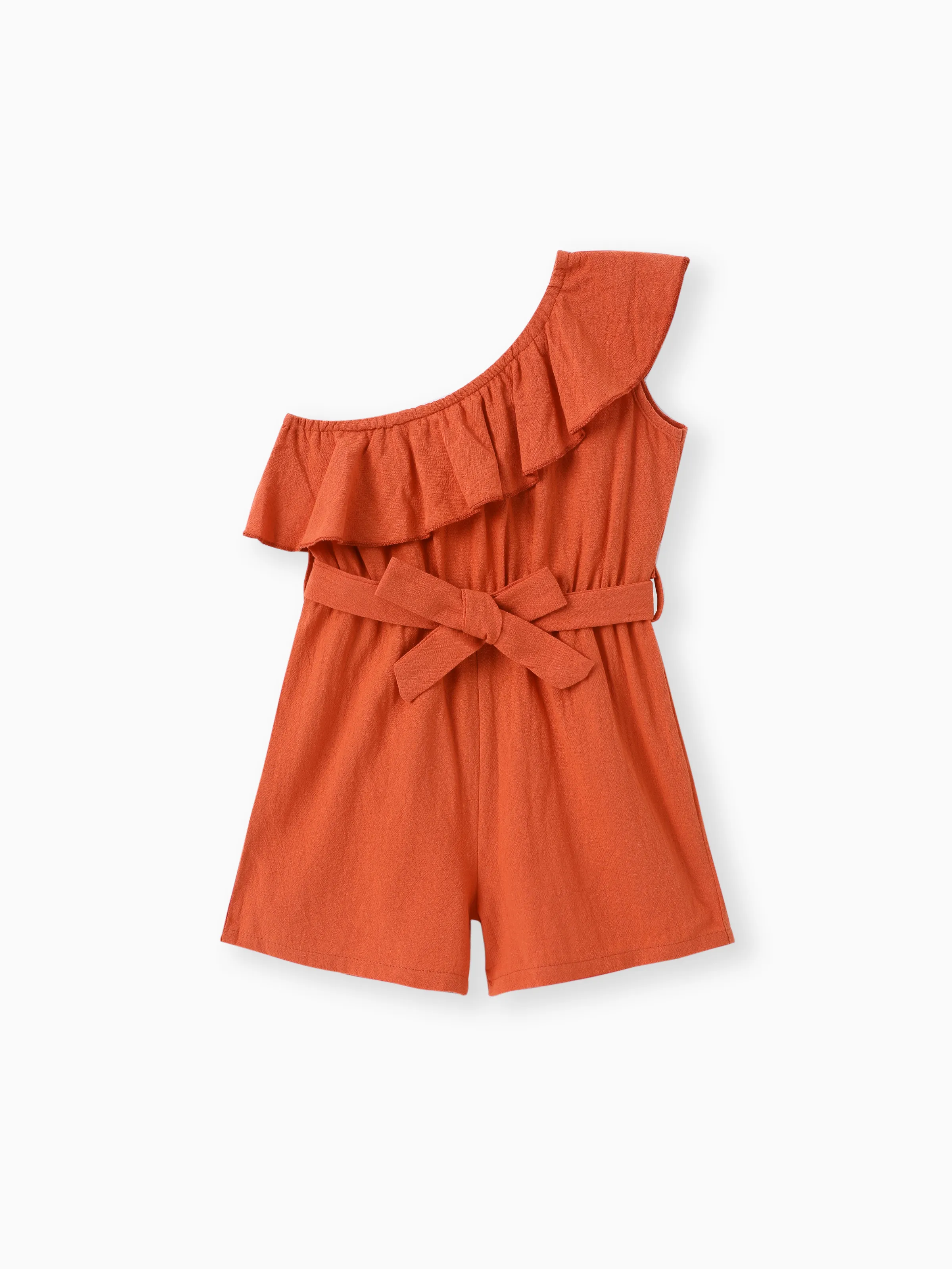 

Toddler Girl 100% Cotton One Shoulder Flounce Belted Romper Jumpsuit Shorts