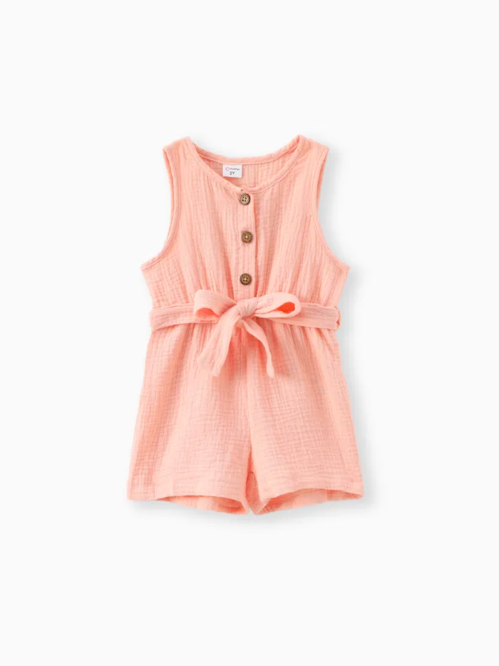 Toddler Girl 100% Cotton Solid Color Button Design Sleeveless Belted Romper Jumpsuit Shorts