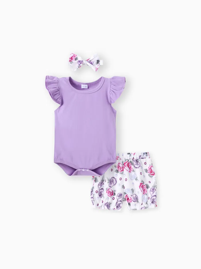 3pcs Baby Girl 95% Cotton Layered Ruffle Sleeve Romper with Floral Print Bloomers Shorts and Headband Set