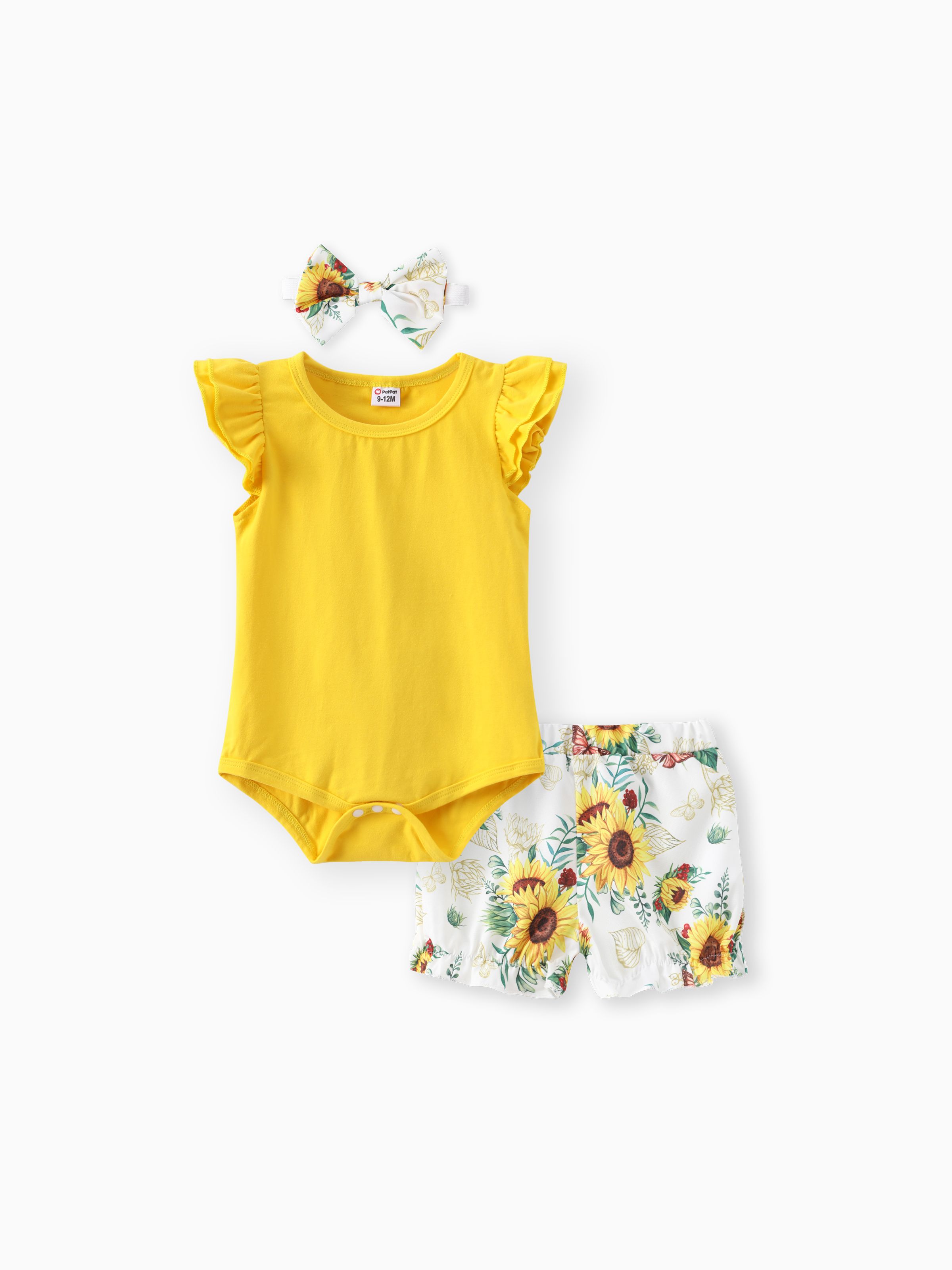 

3pcs Baby Girl 95% Cotton Layered Ruffle Sleeve Romper with Floral Print Bloomers Shorts and Headband Set