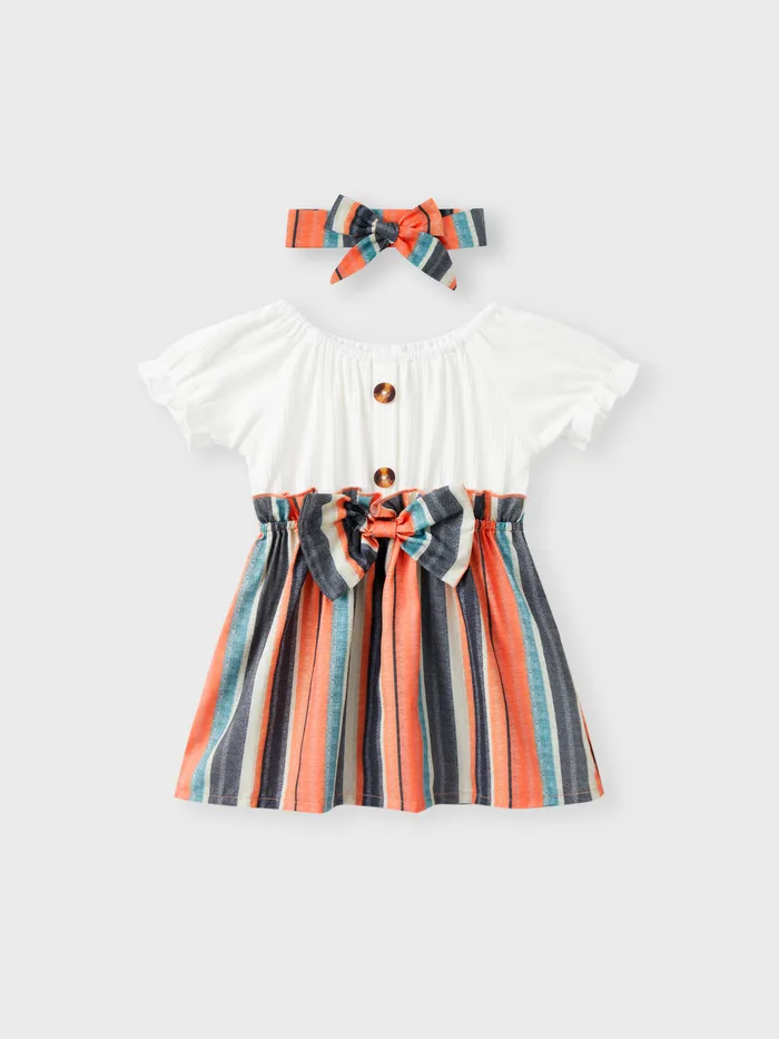 2pcs Baby Girl White Ribbed Splicing Striped Bowknot Frill Puff-sleeve Dress with Headband Set