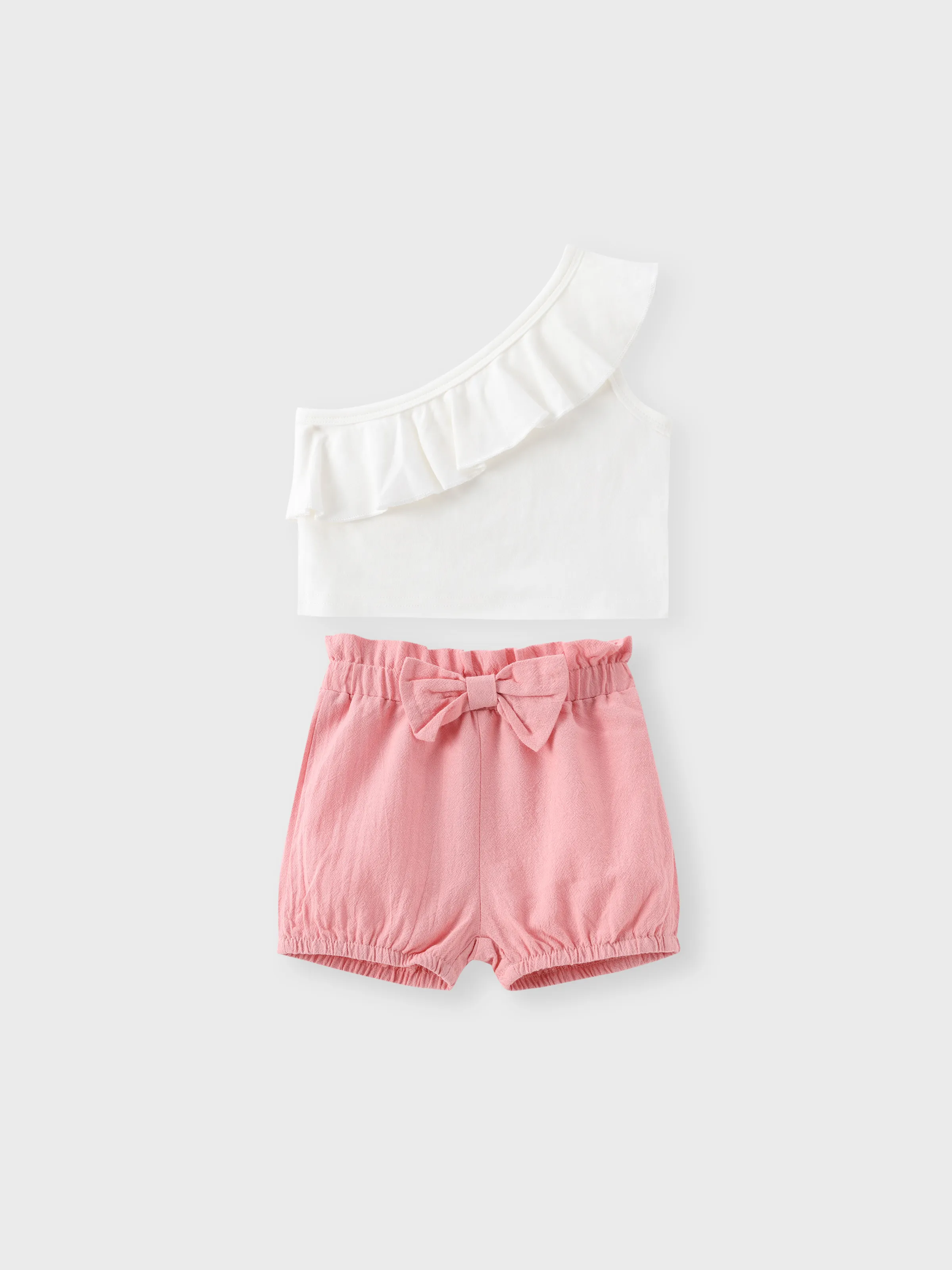 

2pcs Baby Girl Solid One Shoulder Sleeveless Ruffle Top and Bloomers Shorts Set