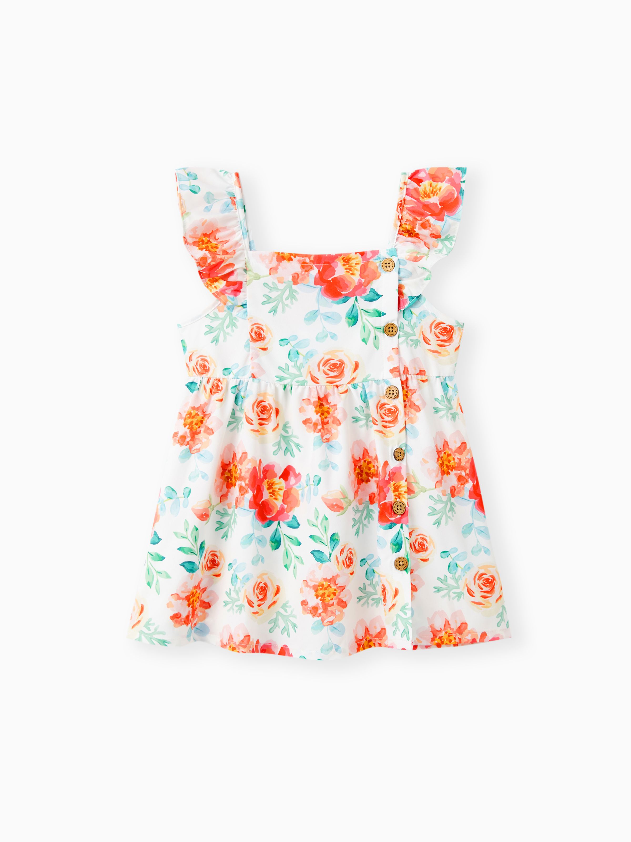 

Toddler Girl Floral Print/Coral Red Square Neck Button Design Flutter-sleeve Dress