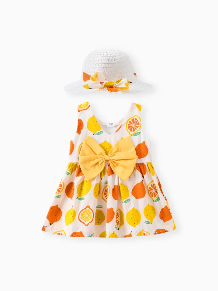 100% Cotton 2pcs Baby Girl All Over Lemon Print V Neck Sleeveless Bowknot Dress with Hat Set