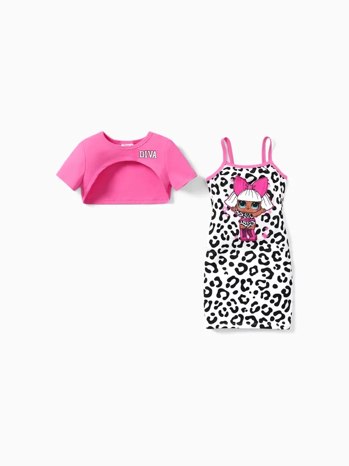 L.O.L. ÜBERRASCHUNG! 2pcs Kleinkind-/Kindermädchen-T-Shirt und gebundenes / Leopardenmuster-Kleid-Set