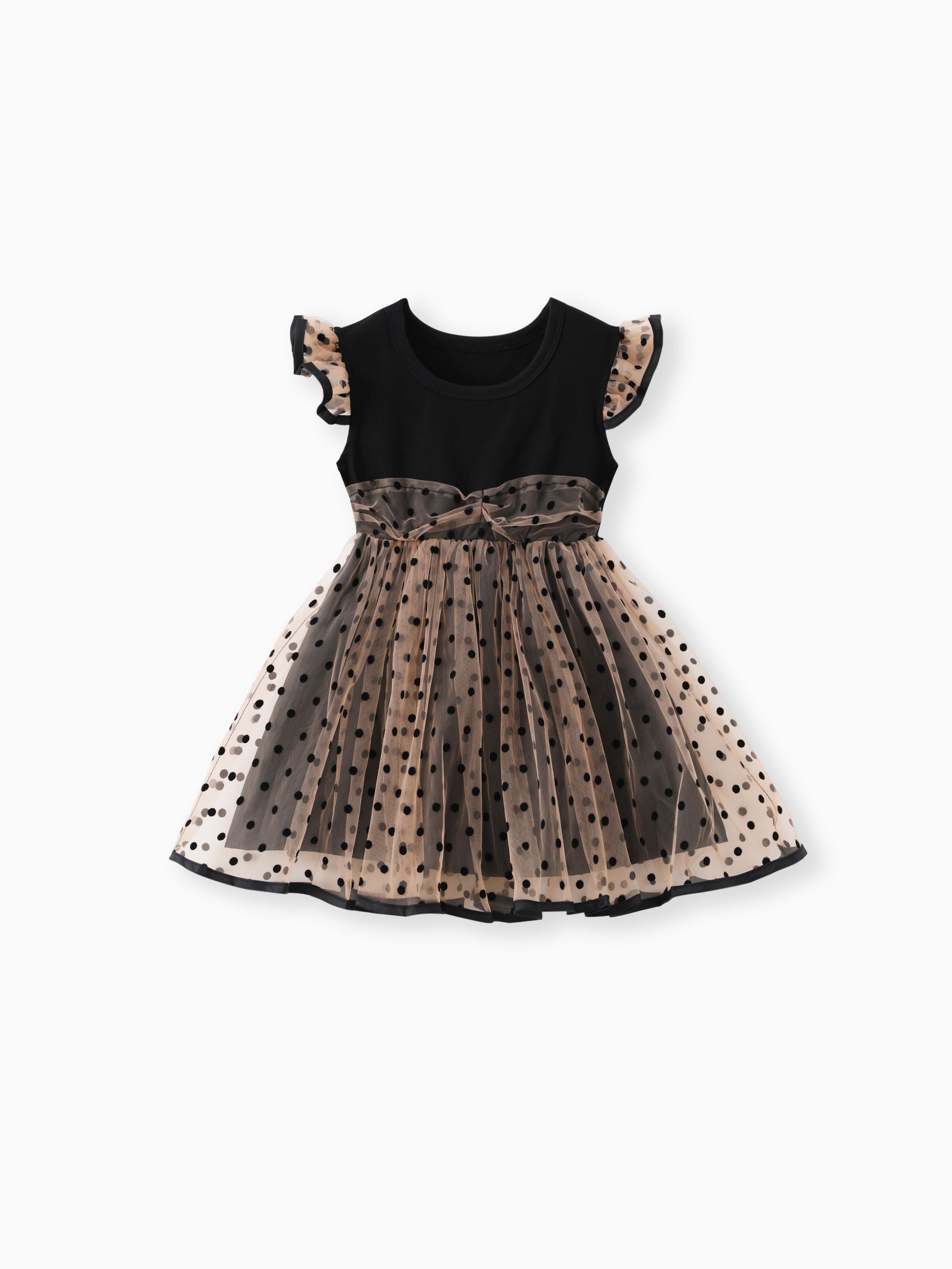 

Toddler Girl Polka dots Flutter-sleeve Mesh Splice Dress