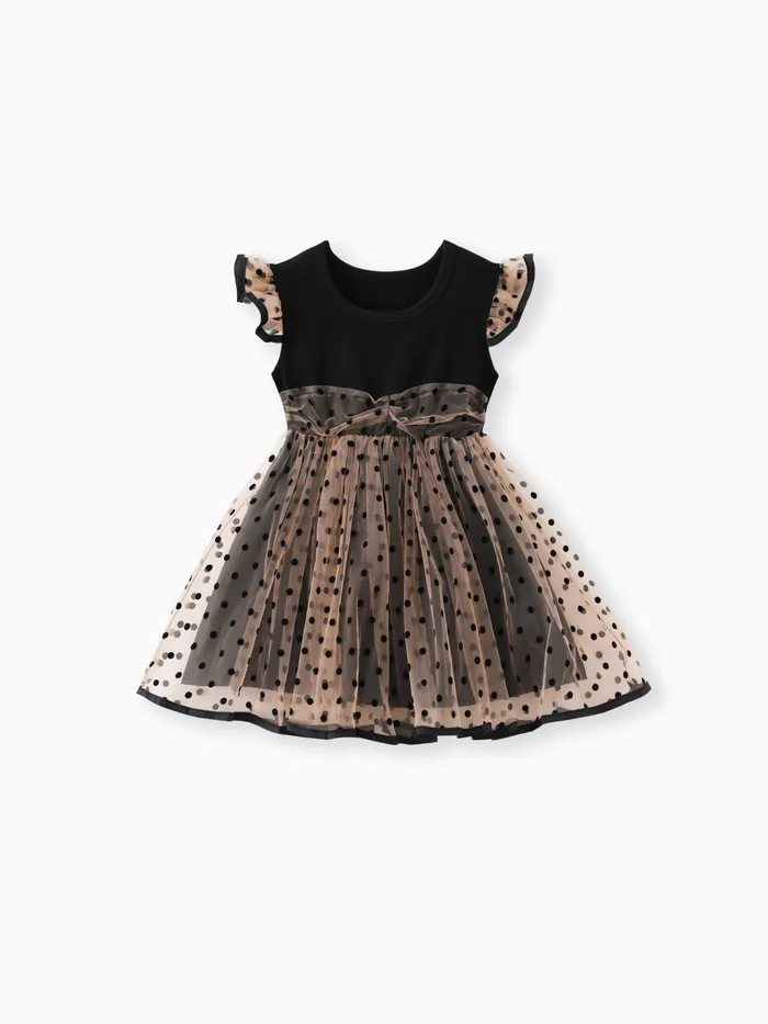 Toddler Girl Polka dots Flutter-sleeve Mesh Splice Dress