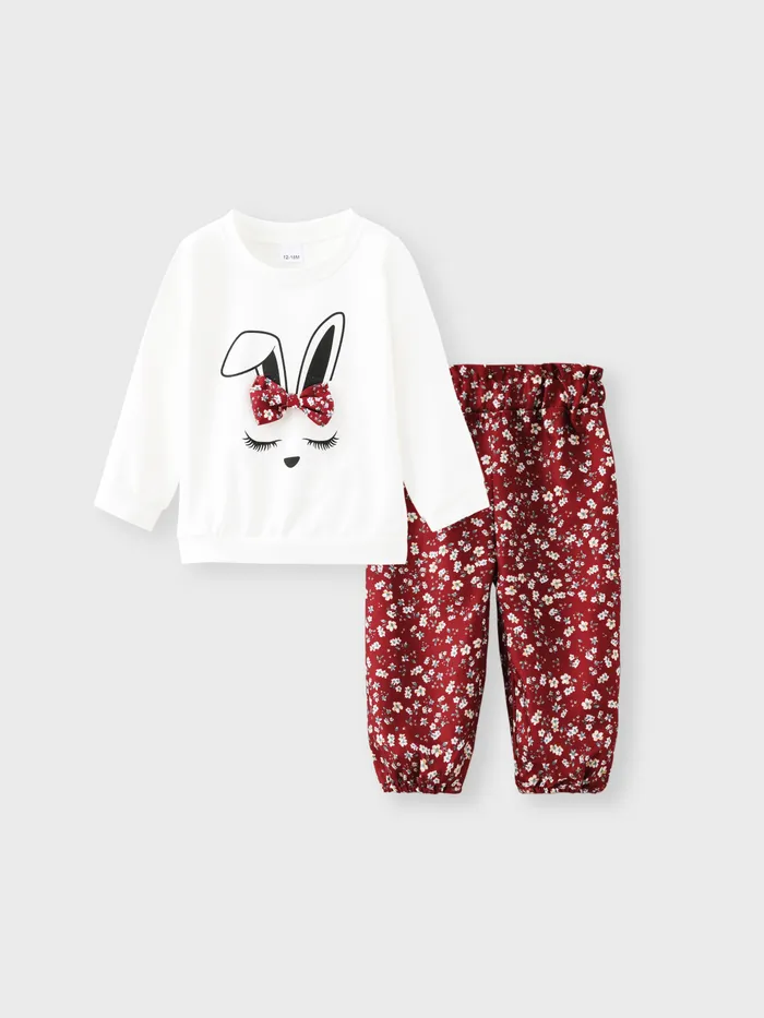 Conjunto de sudadera con estampado de conejo de dibujos animados de manga larga y pantalones con estampado floral de 2 uds para bebé niña 95% algodón