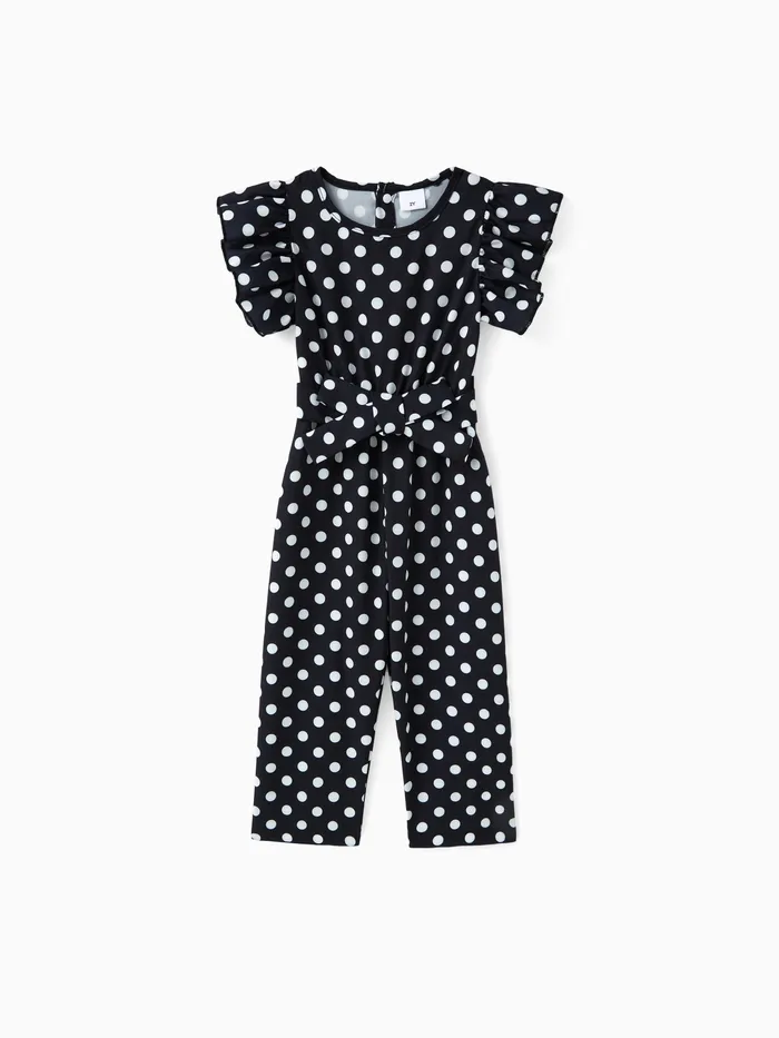 2pcs Toddler Girl Trendy Polka dots Flutter-sleeve Jumpsuits & Belt