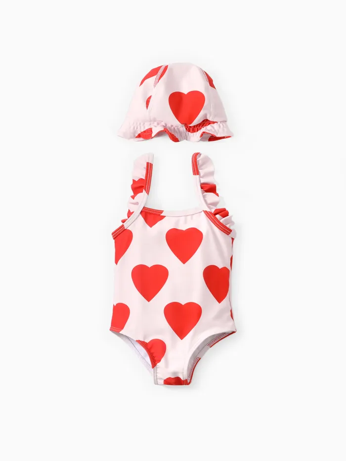 Dulce borde de volante en forma de corazón para niñas 2 piezas de poliéster spandex ajustado traje de baño ajustado