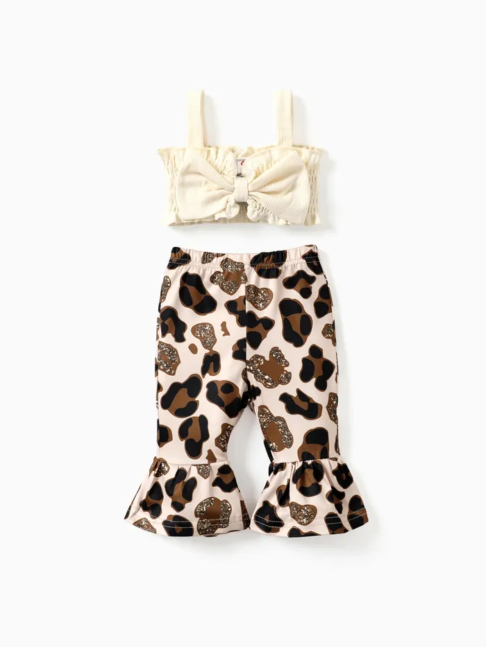 2pcs Baby Girl Sweet Animal Pattern Cami Crop Top and Flare Pants Set