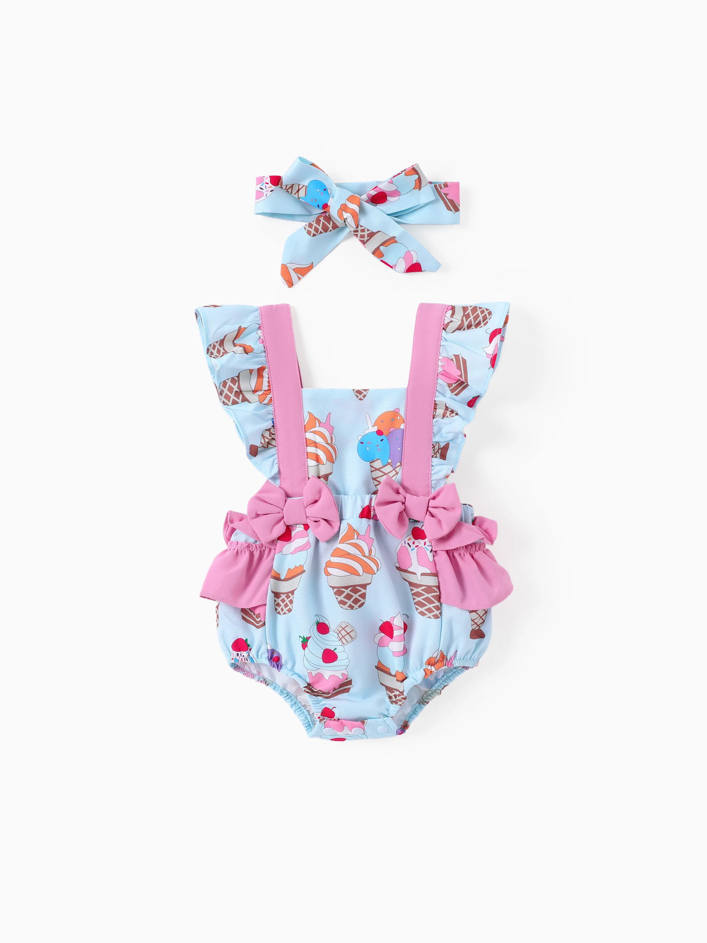 

Baby Girl Ice cream Print Ruffled Romper with Headband