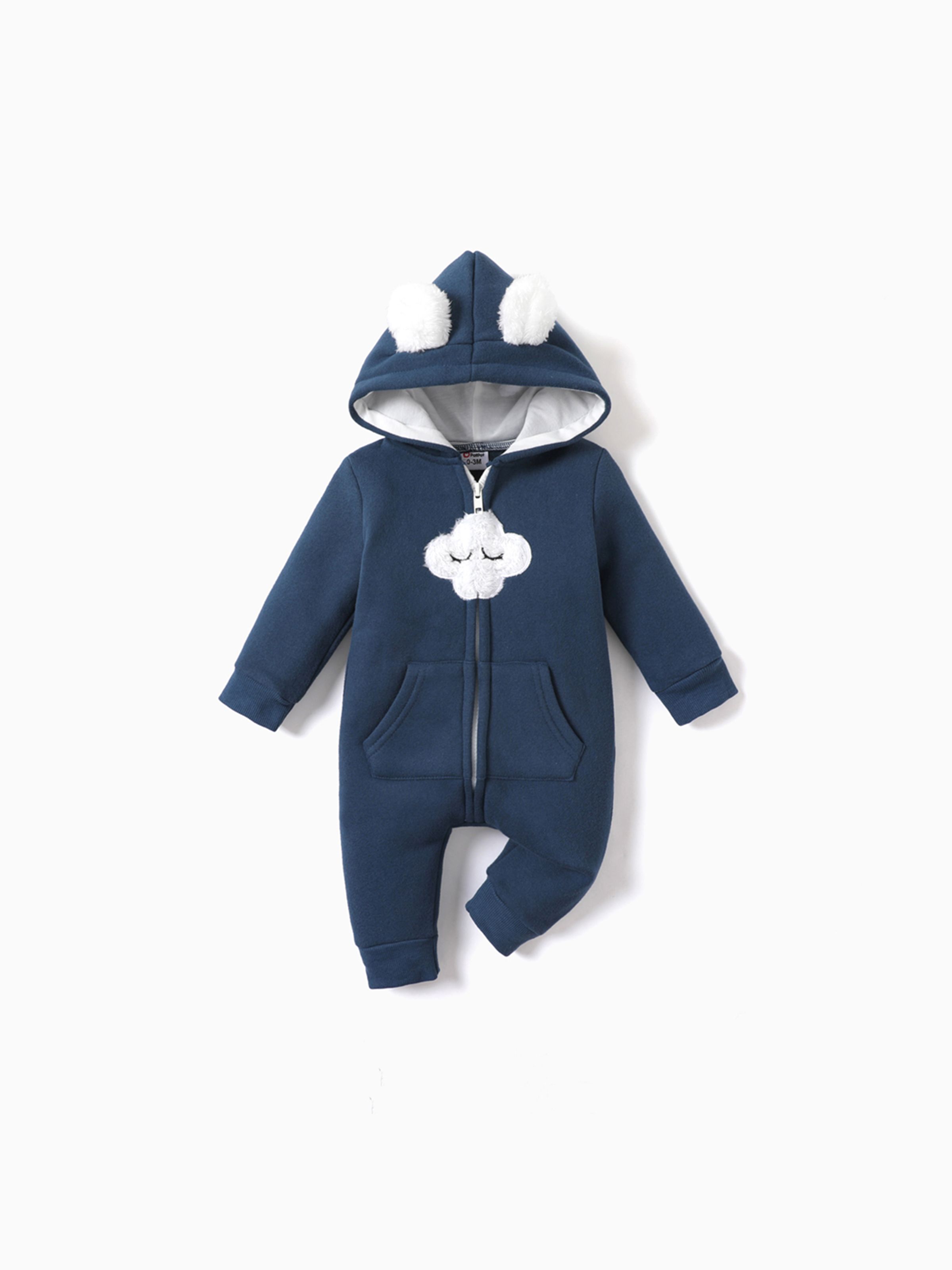 

Baby Boy/Girl Cloud Design Thermal Fleece Lined Hooded Zipper Jumpsuit