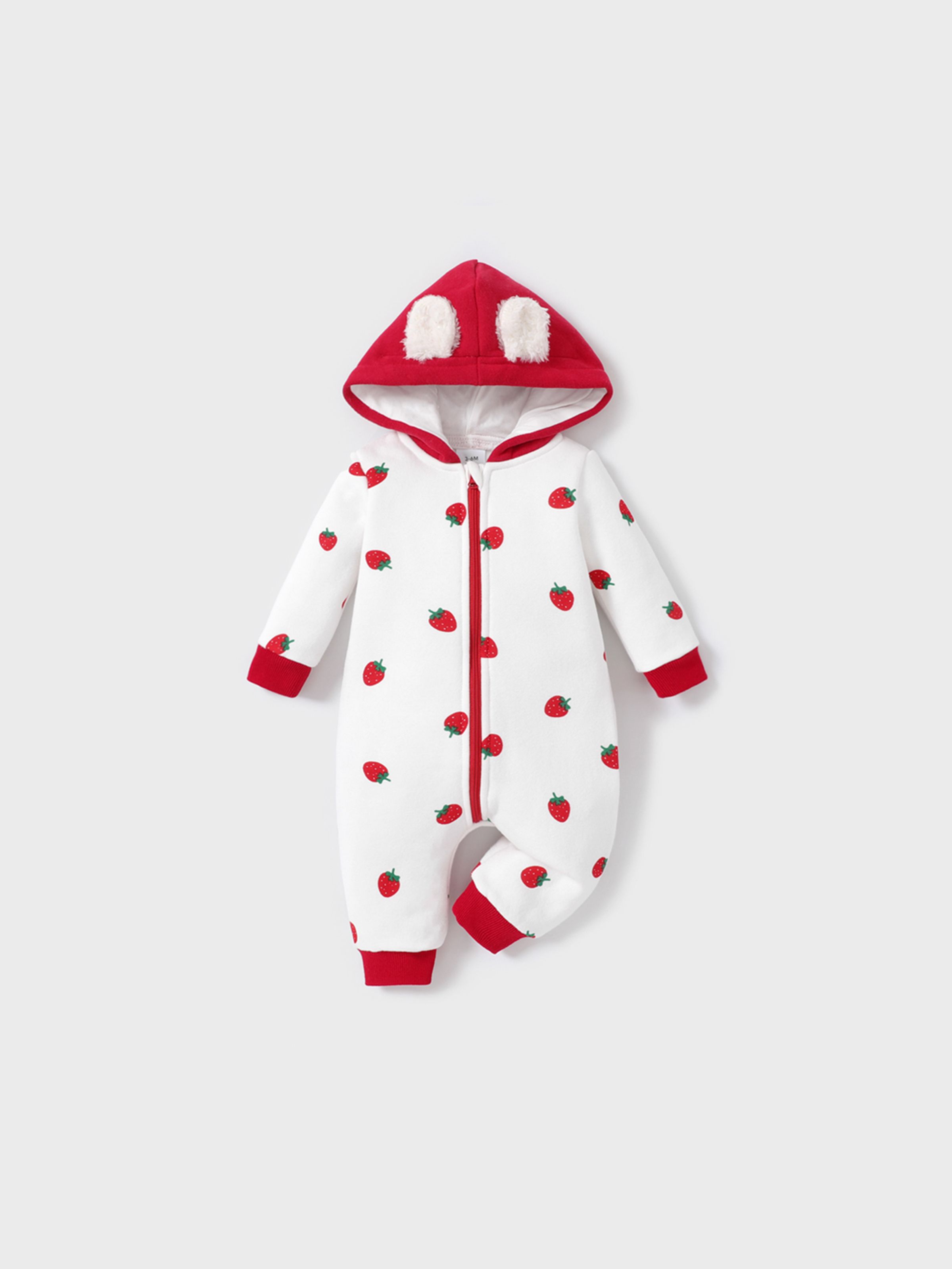 

Heart or Strawberry Allover 3D Ear Decor Hooded Long-sleeve Baby Jumpsuit