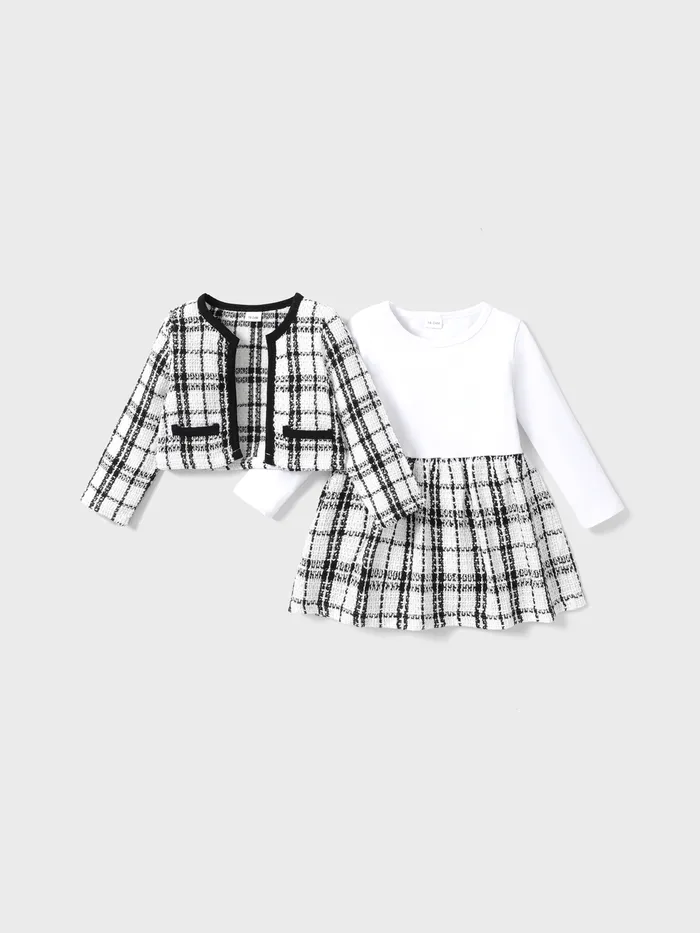 2-piece Toddler Girl Long-sleeve White Plaid Tweed Stitching Dress and Cardigan Set