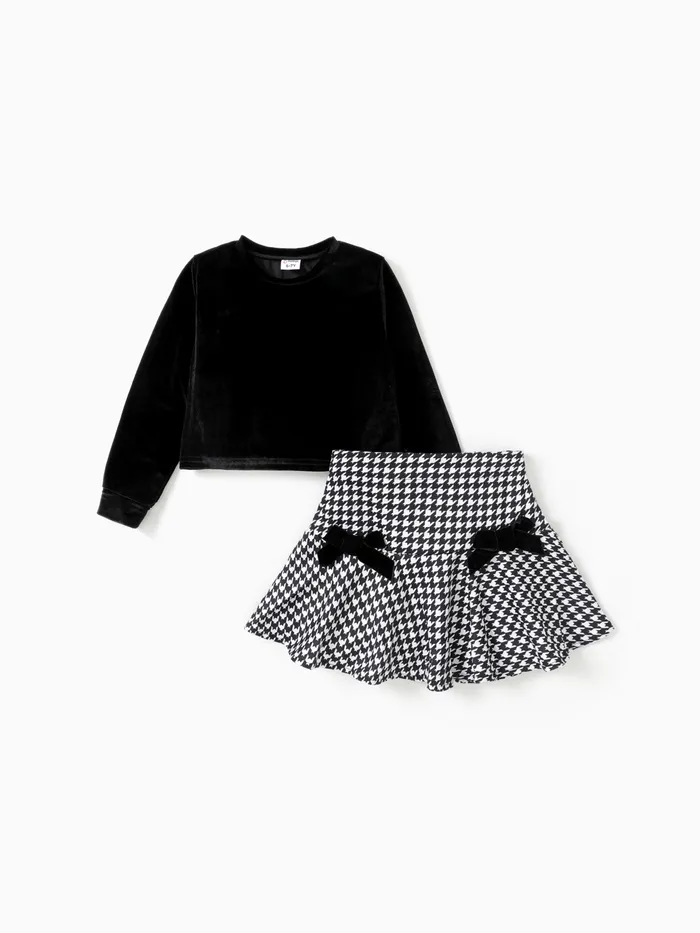 2pcs Kid Girl Velvet Long-Sleeve Crop Tee and Grip Skirt Set