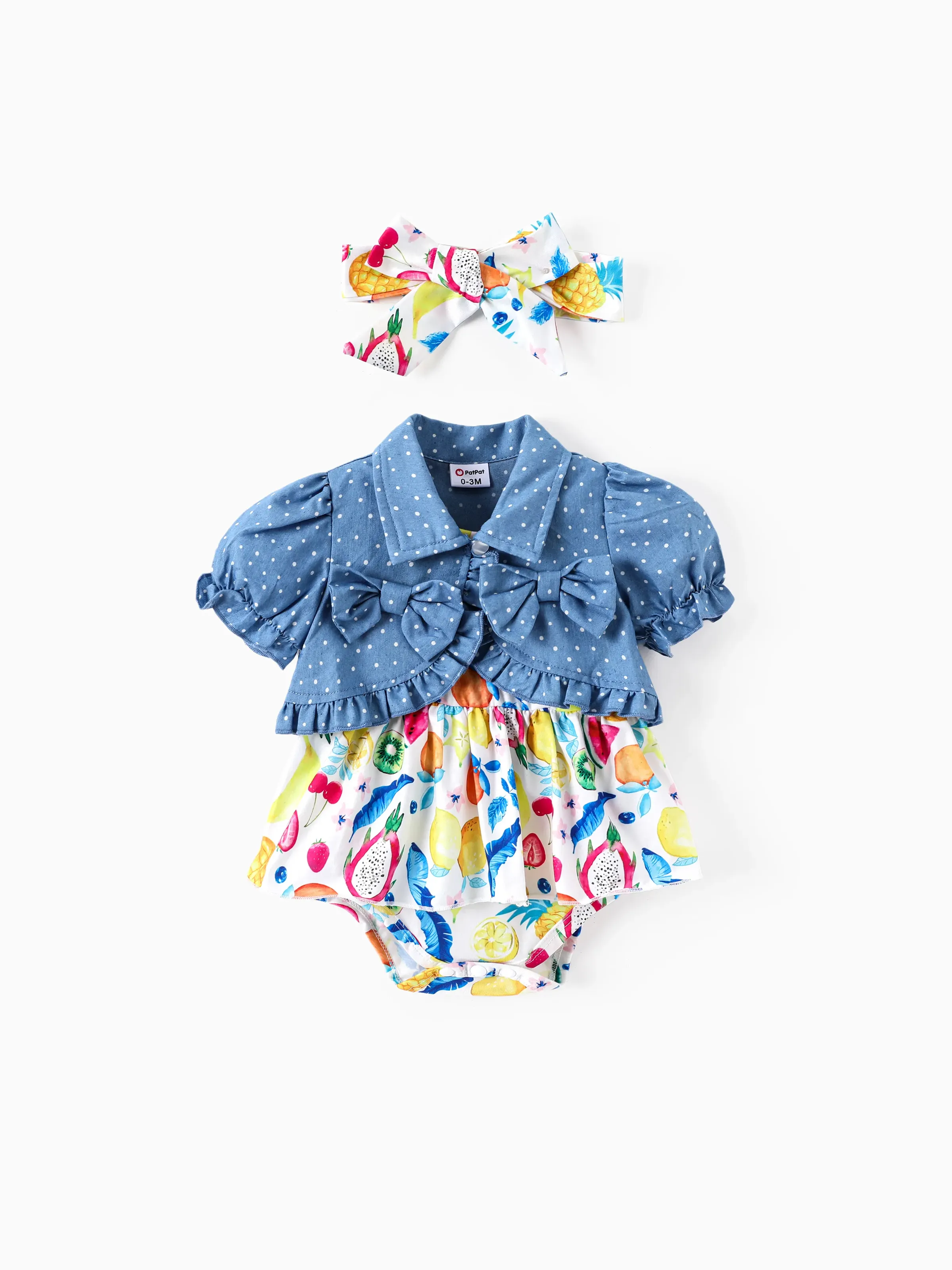 Baby Girl 3pcs Denim Jacket and Fruit Print Romper and Headband Set