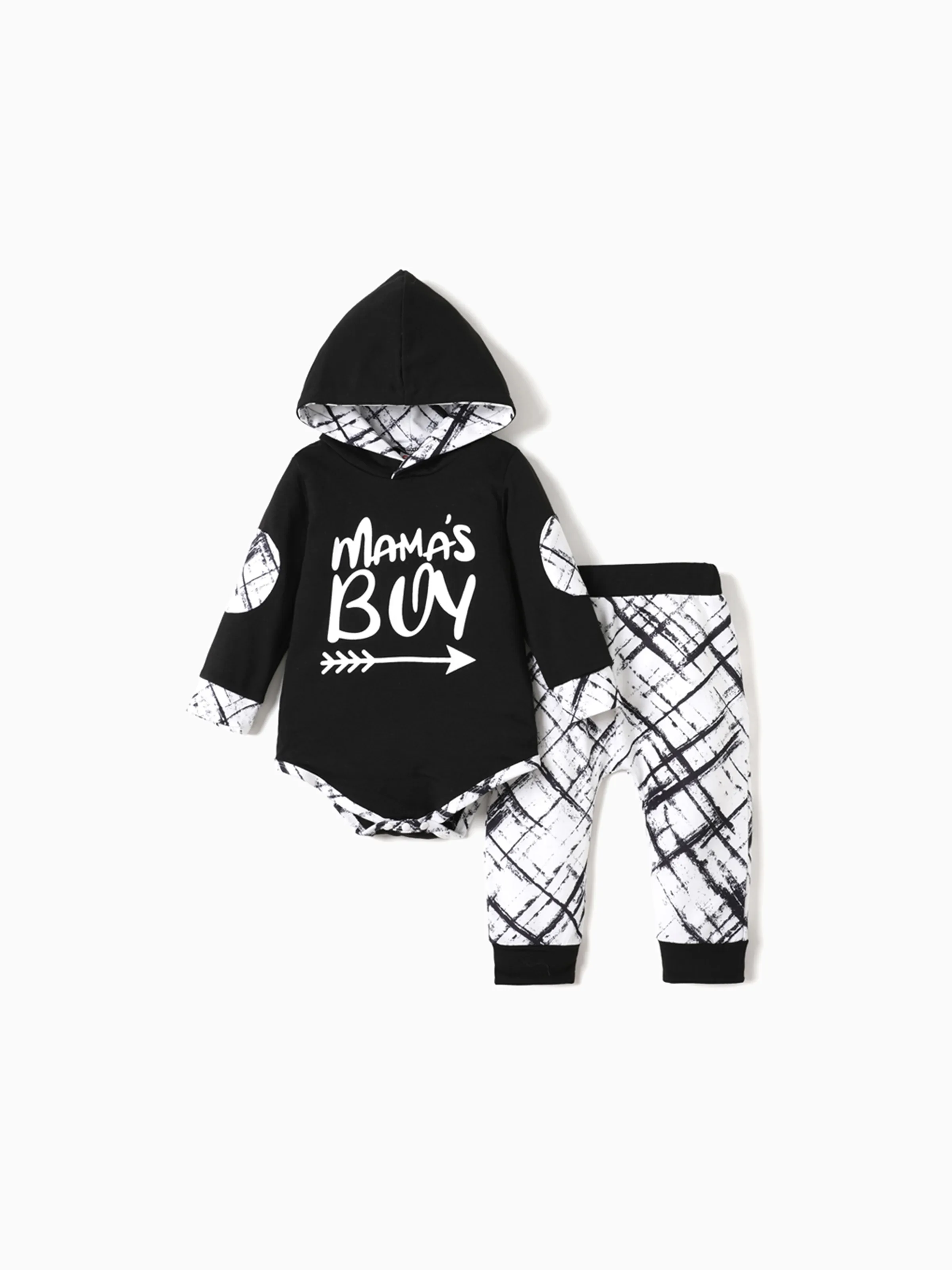 

2pcs Baby Boy Letter Graphic Black Long-sleeve Hooded Romper and Allover Print Pants Set