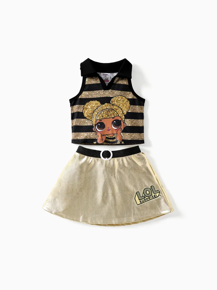 L.O.L. SURPRISE! 2pcs Toddler/Kids Girls Character Print Collared Tank Top with Metallic Fabric Skirt Set