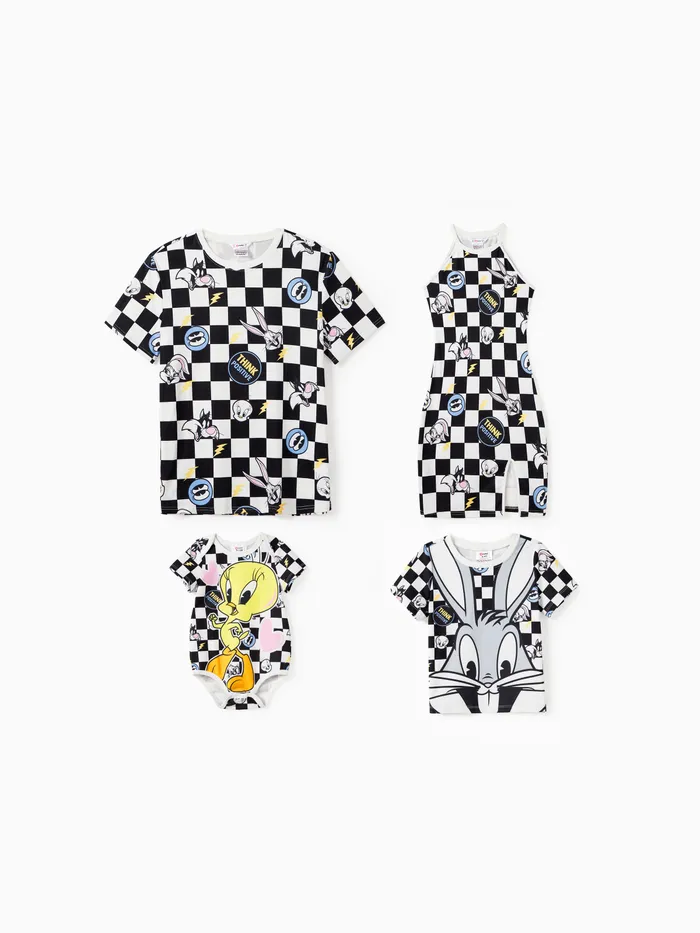 Looney Tunes Family Matching Black and White Checkered with Character Print Tee/Sleeveless Halter Dress/Romper