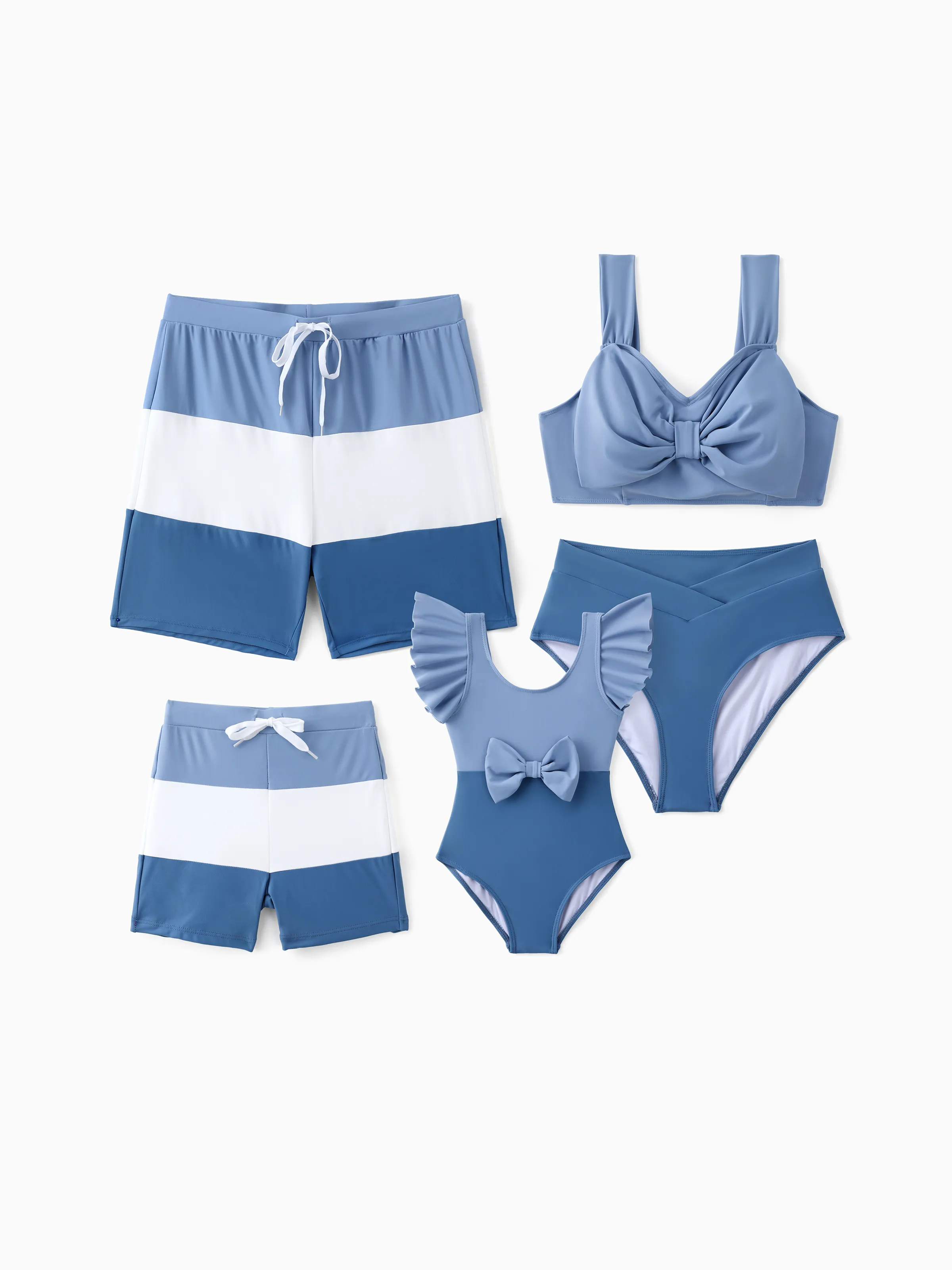 Family Matching Color Block Drawstring Swim Trunks or Big bow Strap Bikini 