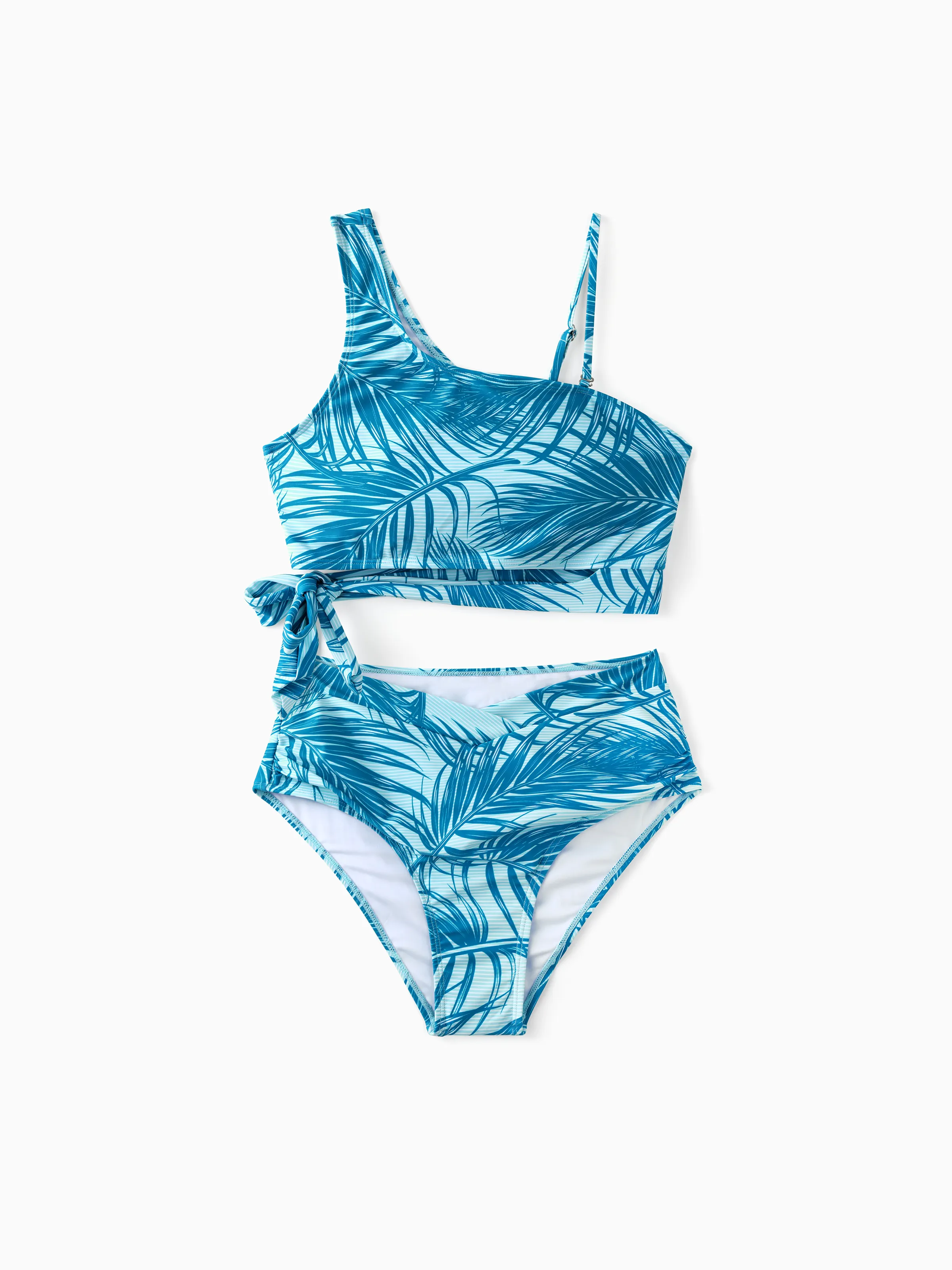 

Family Matching Leaf Pattern Drawstring Swim Trunks or One-Shoulder Bikini with Removable Strap