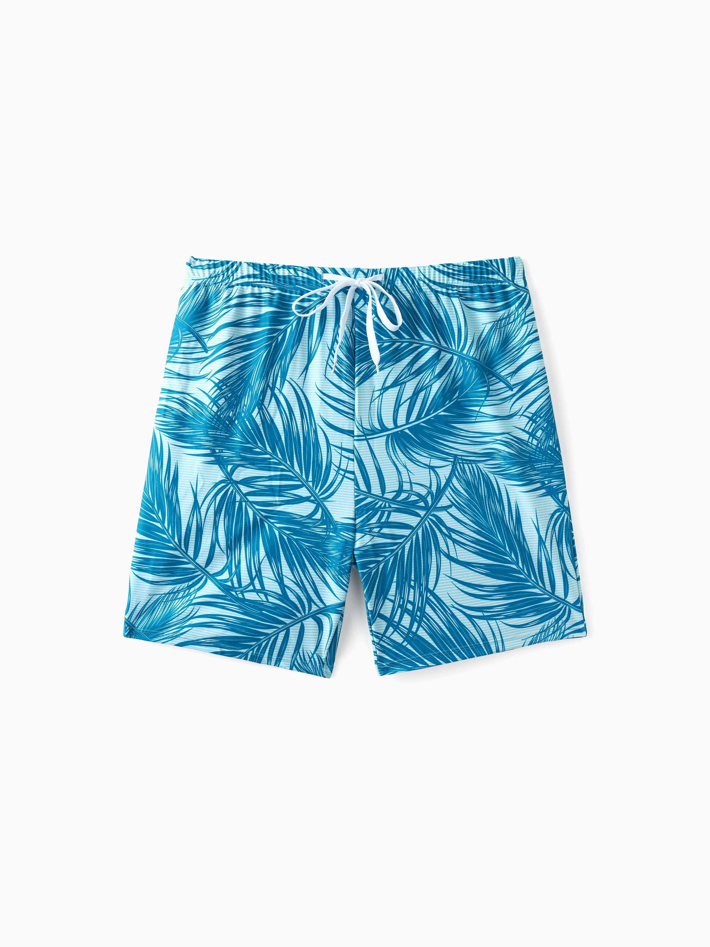 

Family Matching Leaf Pattern Drawstring Swim Trunks or One-Shoulder Bikini with Removable Strap