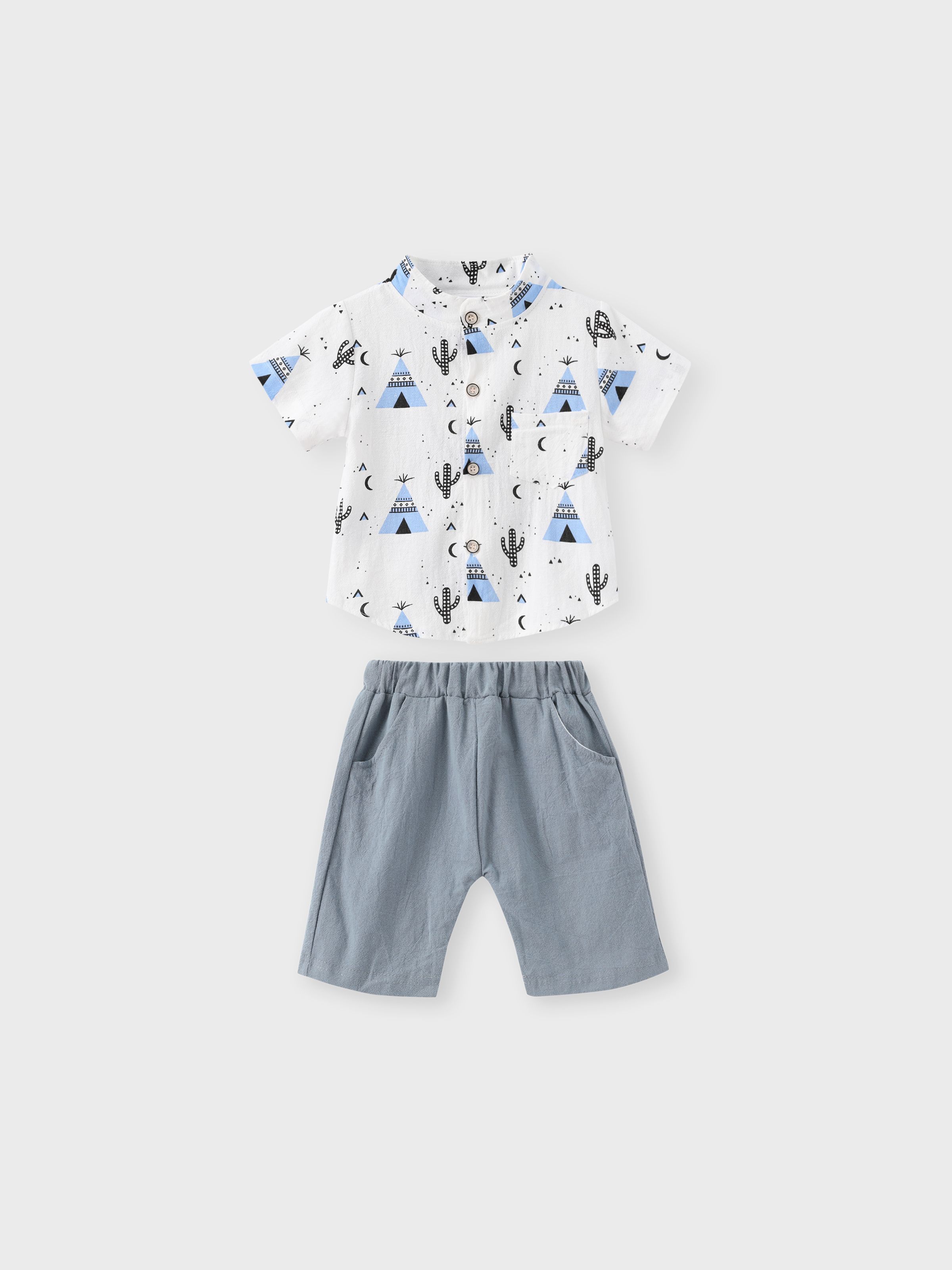 

2pcs Baby Boy 95% Cotton Short-sleeve All Over Cactus Print Button Up Shirt and Solid Shorts Set