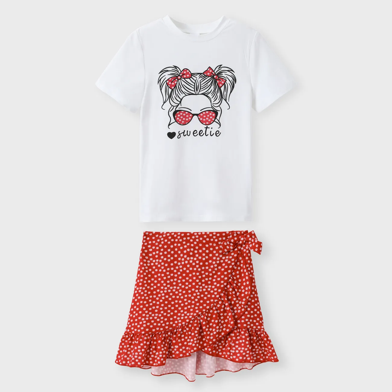 2pcs Kid Girl Figure Print Short-sleeve Top and Polka Dots Ruffled Tie Side Wrap Skirt Set