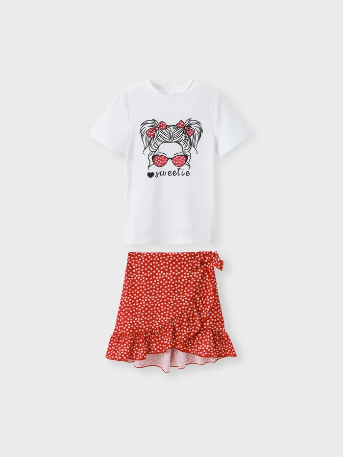 2pcs Kid Girl Figure Print Short-sleeve Top and Polka Dots Ruffled Tie Side Wrap Skirt Set