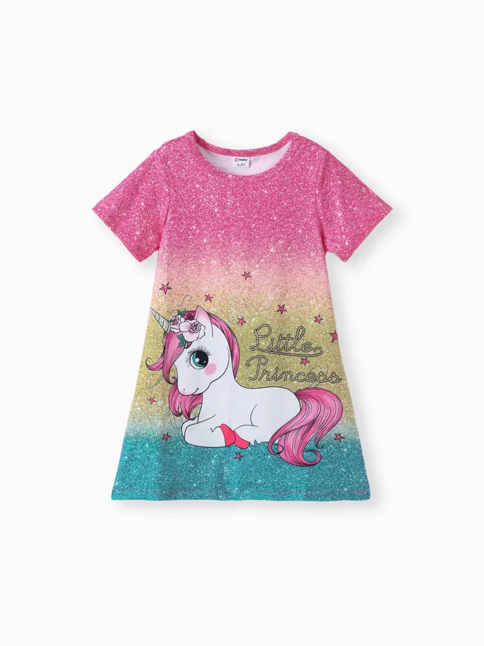 Kid Girl Unicorn Print Short-sleeve Light Pink Dress
