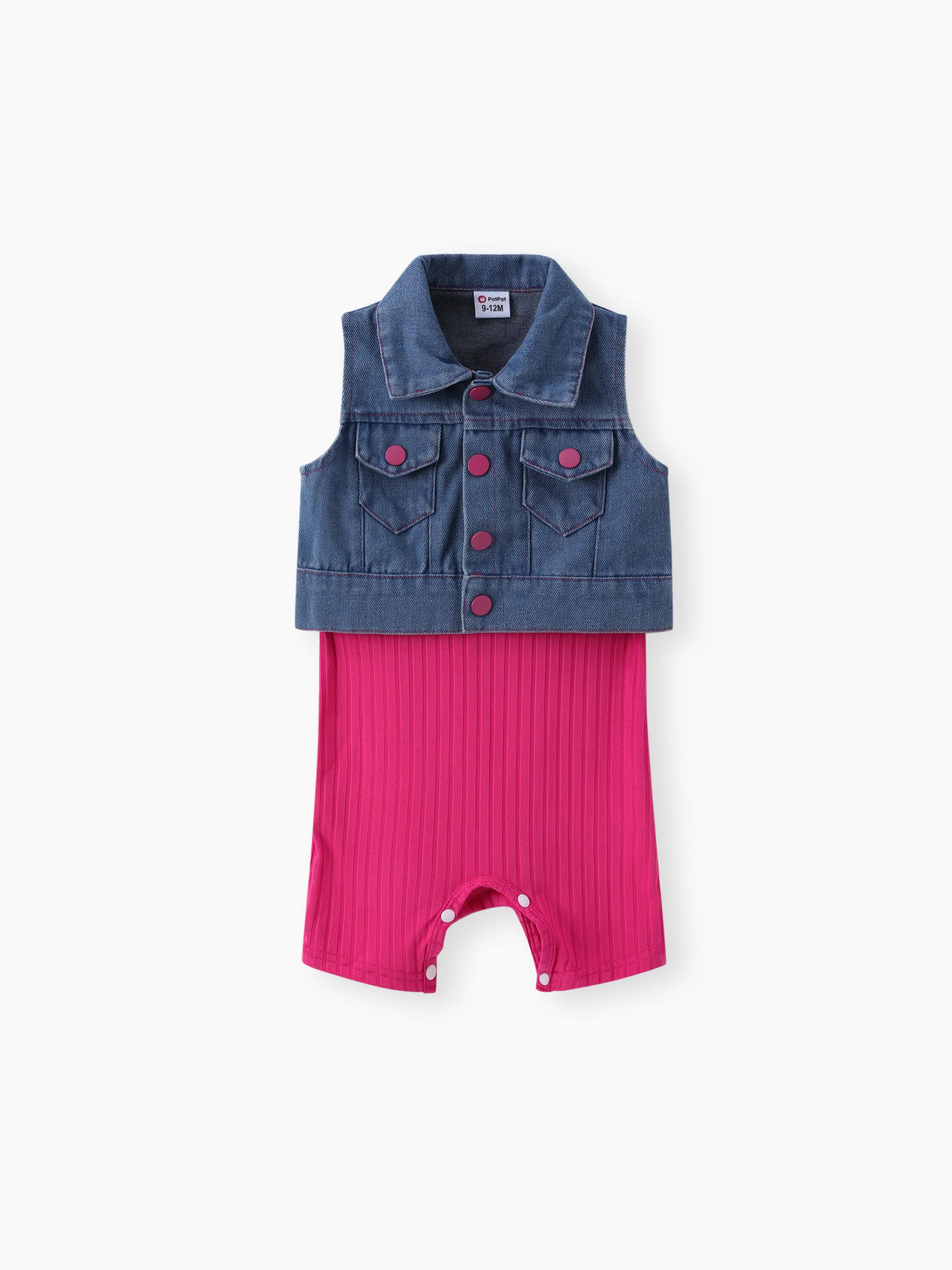 

2pcs Baby Girl Solid Rib-knit Romper and Button Up Front Vest Denim Jacket Set