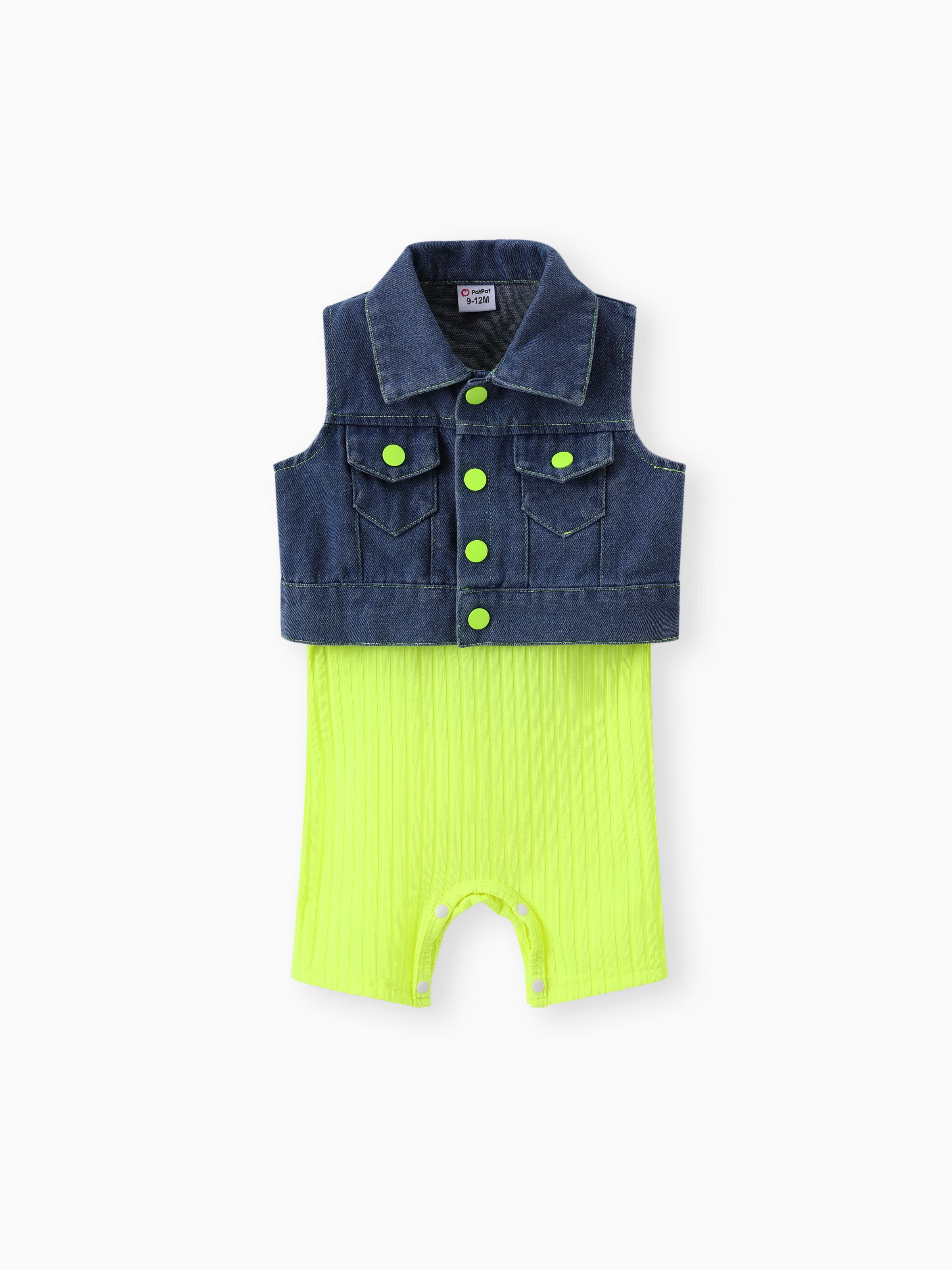 

2pcs Baby Girl Solid Rib-knit Romper and Button Up Front Vest Denim Jacket Set