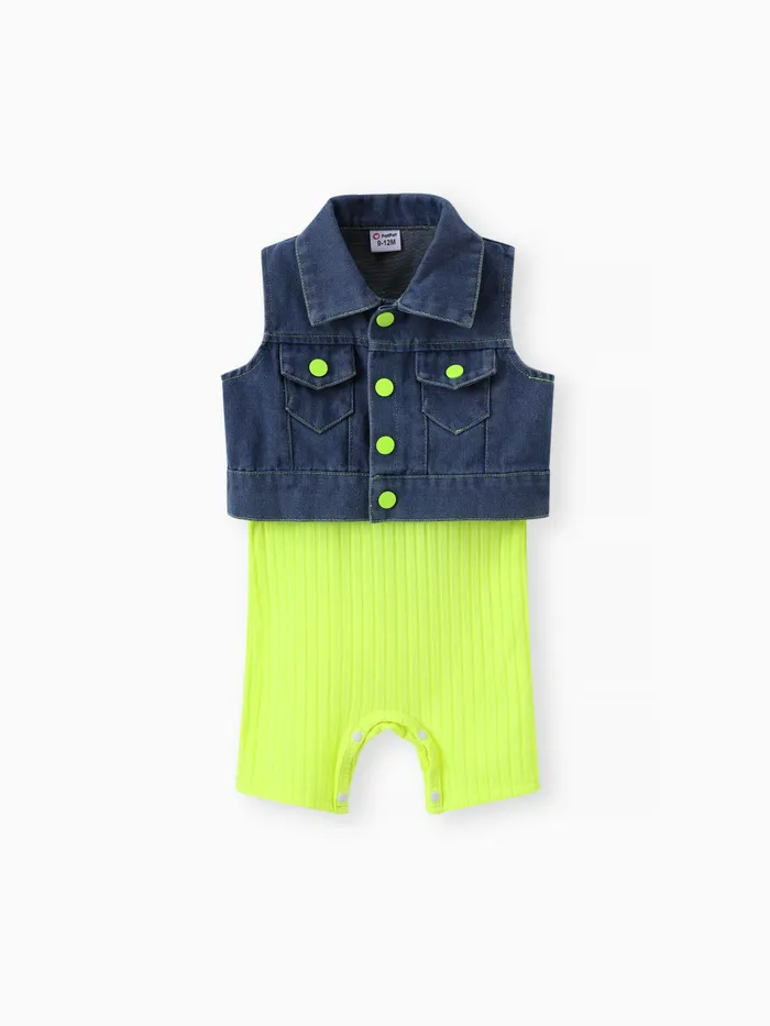 2pcs Baby Girl Solid Rib-knit Romper and Button Up Front Vest Denim Jacket Set